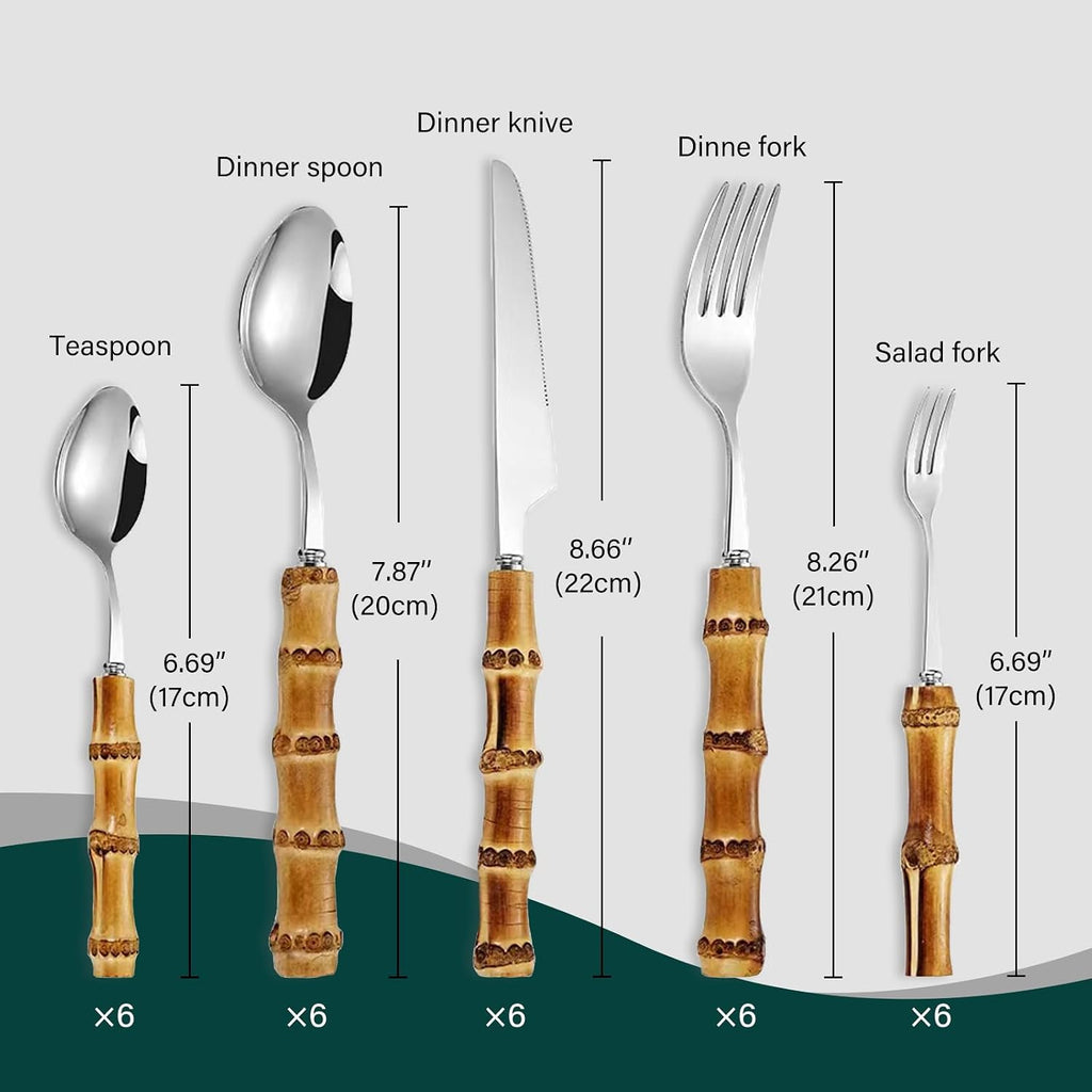 bamboo flatware sets, bamboo handle cutlery set, household kitchen utensil flatware sets for 6, recommend Hand Washing (30 pieces)