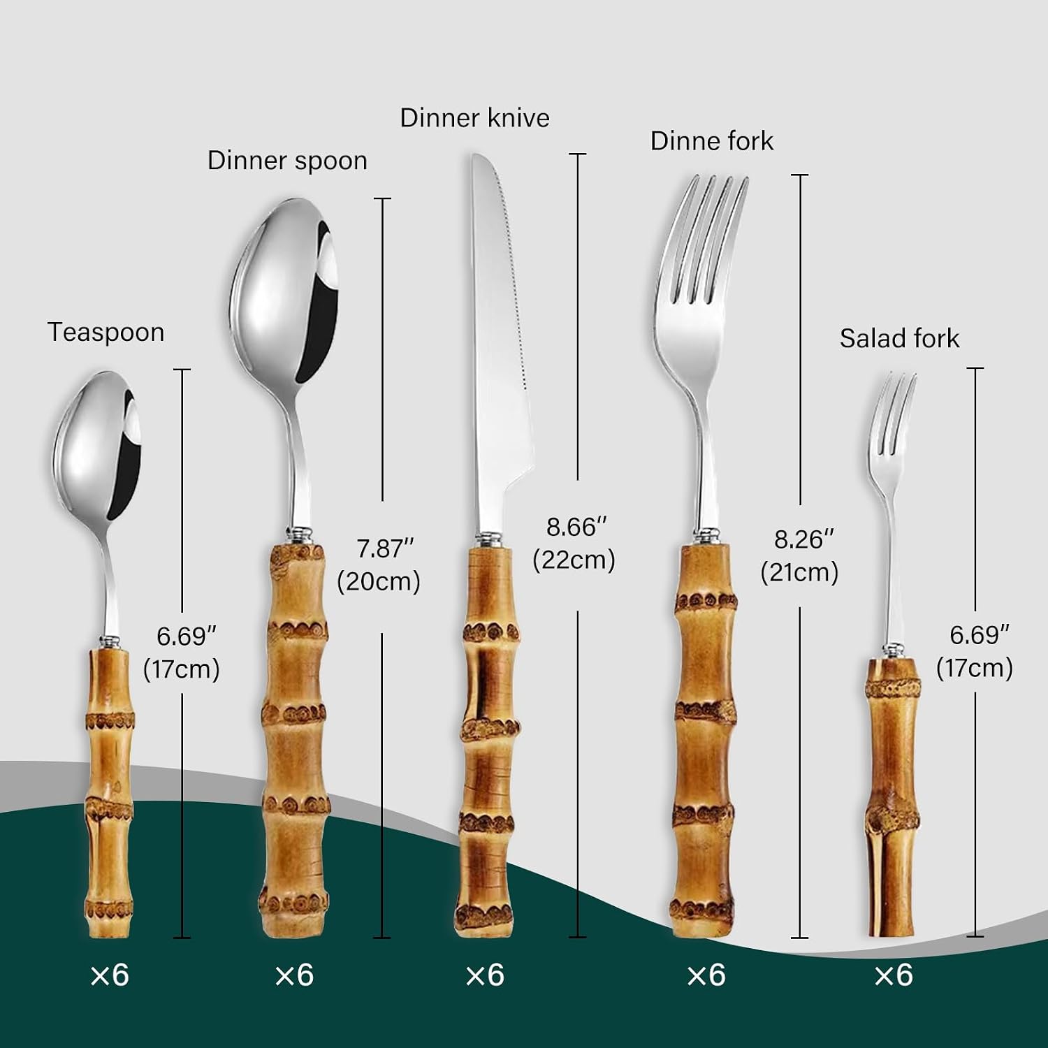 bamboo flatware sets, bamboo handle cutlery set, household kitchen utensil flatware sets for 6, recommend Hand Washing (30 pieces)
