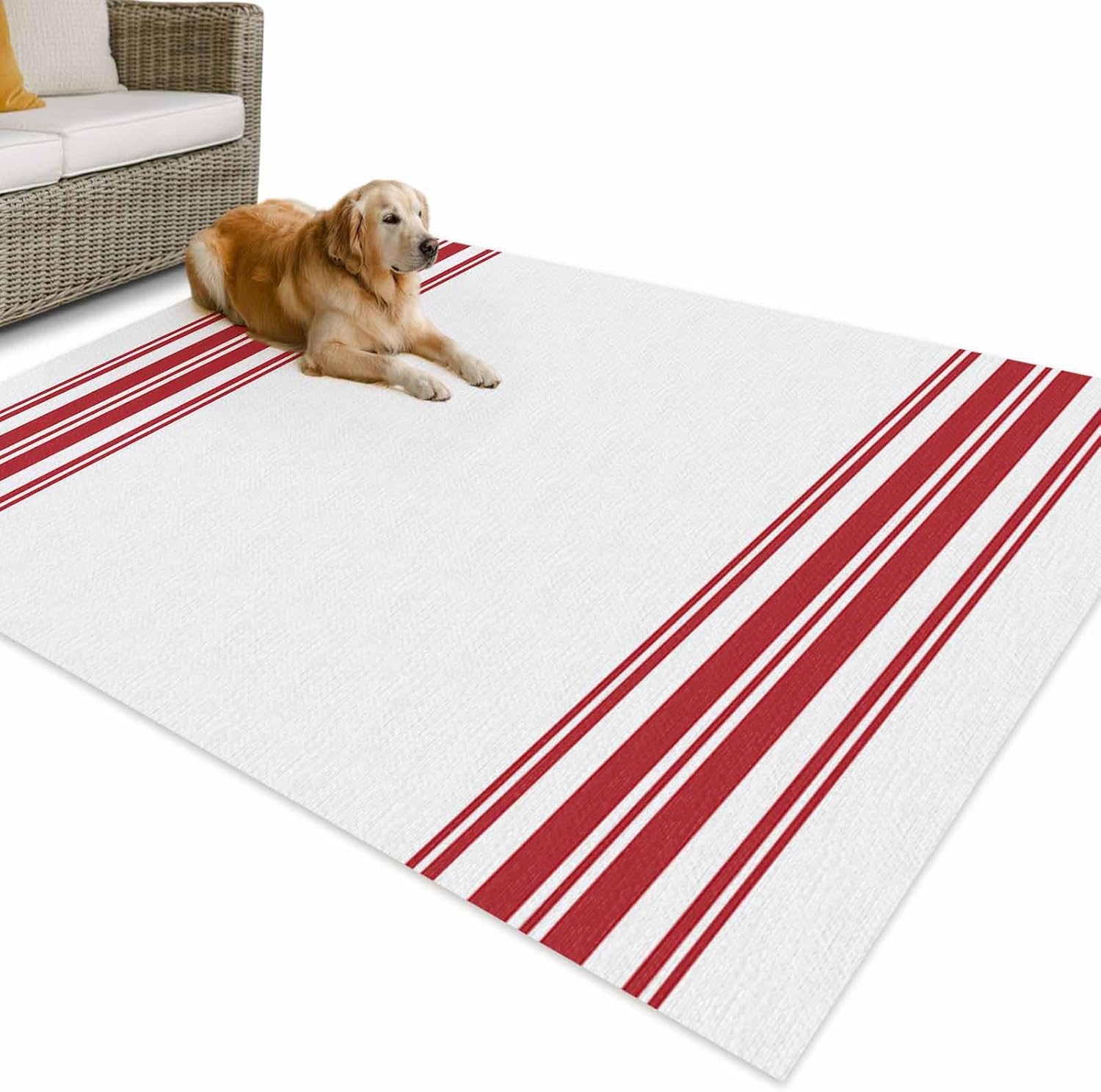 Outdoor Rug 4x6ft Farmhouse Red Stripes Patio Area Rugs Waterproof Easy Cleaning Non Shedding Thick Mats White Carpet for Indoor Outdoor Porch Deck Backyard Balcony