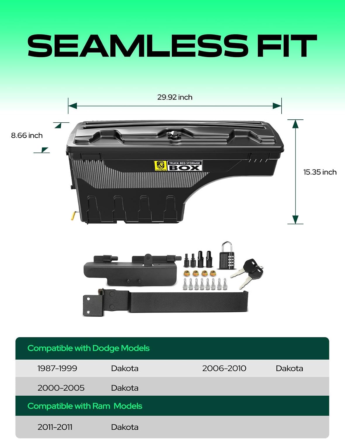 YHTAUTO Truck Bed Storage Tool Box Lockable Compatible with 1987-2011 Dodge Dakota, Driver Side, Swing Waterproof Wheel Well ToolBox