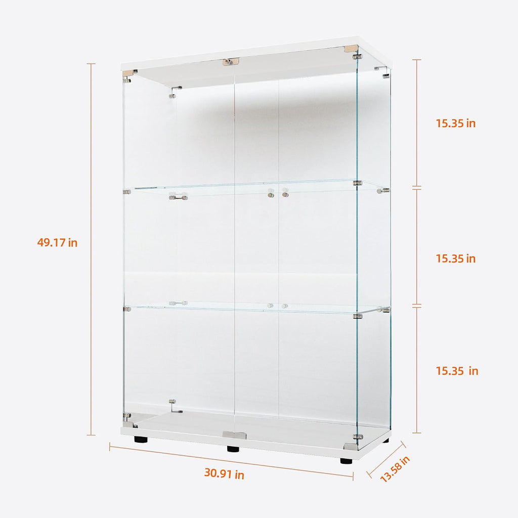 Modern Glass Display Cabinet 3-Shelf with LED Light and Lock, 2 Door Curio Cabinets,Tempered Glass Collection Display Showcase for Living Room Home Office,30.9x13.5x49 H,White