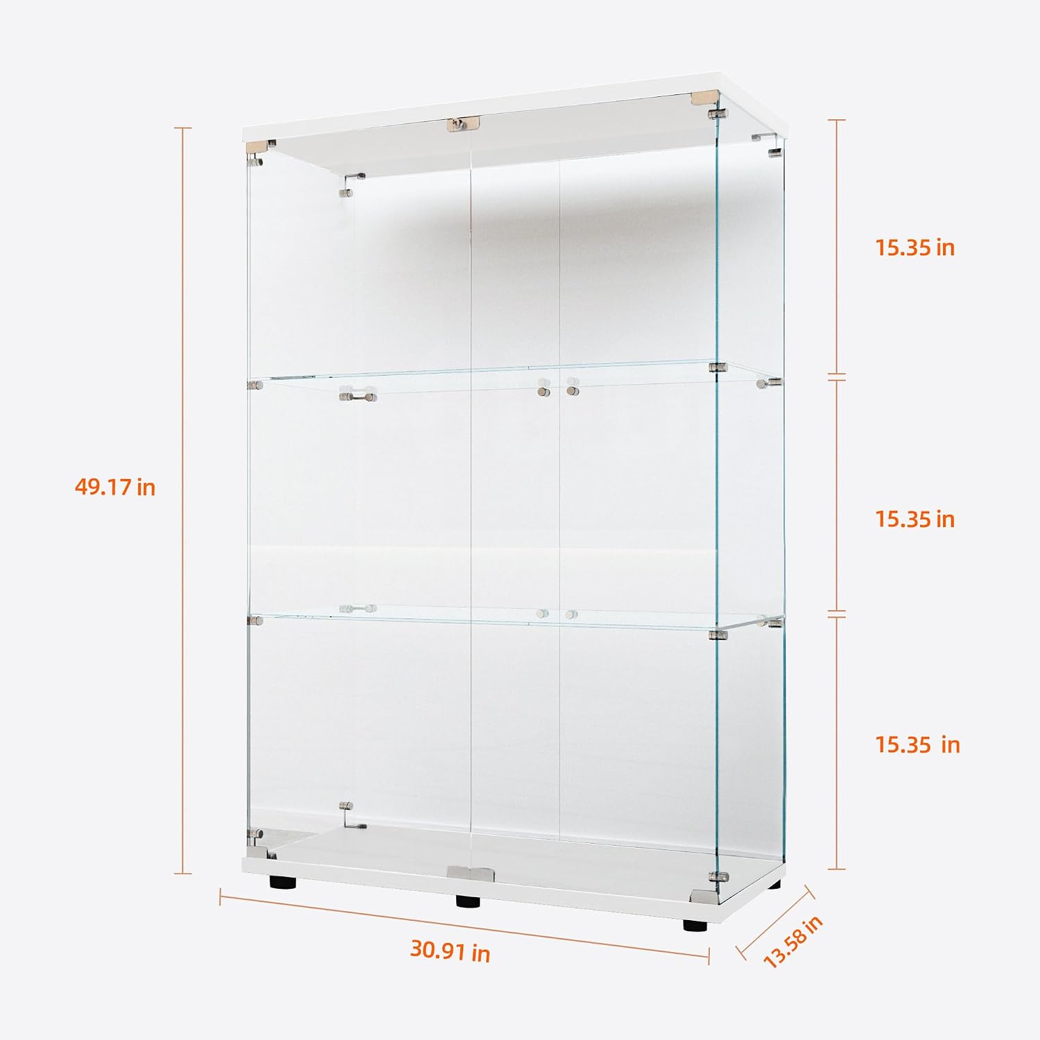 Modern Glass Display Cabinet 3-Shelf with LED Light and Lock, 2 Door Curio Cabinets,Tempered Glass Collection Display Showcase for Living Room Home Office,30.9x13.5x49 H,White