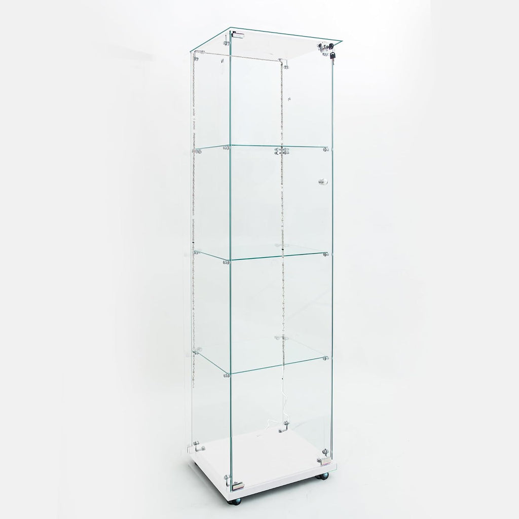 65' Tall Tempered Glass Display Cabinet with LED Lights&Rolling Wheels, Curio Cabinet with 4 Shelves with 1 Door, Quick-Install Style Floor Standing Bookshelf File Cabinet for Living Room Office