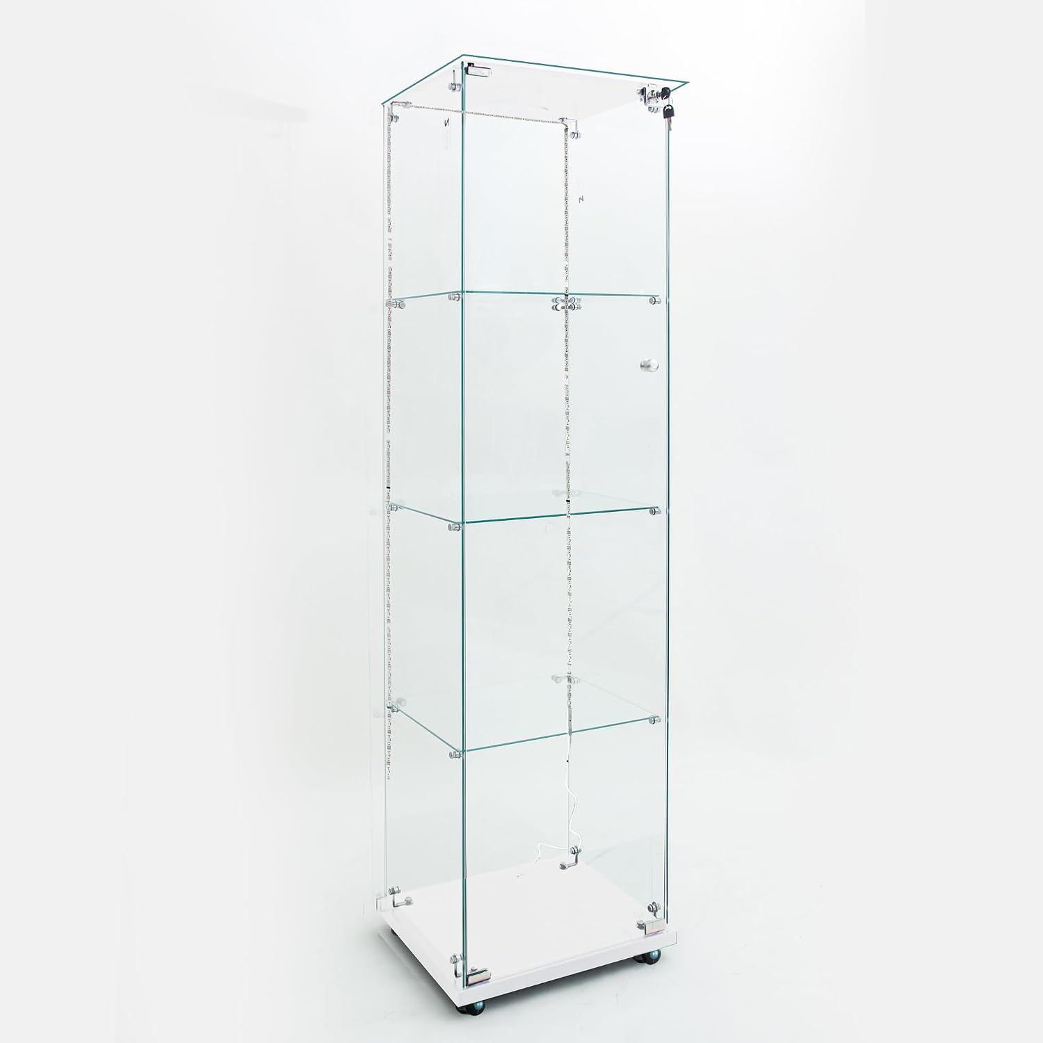Modern Glass Display Cabinet 4-Shelf with LED Light, Lock and Wheels, 1 Door Curio Cabinets, Tempered Glass Collection Display Showcase for Living Room Home Office,15.6x13.5x65 H,White