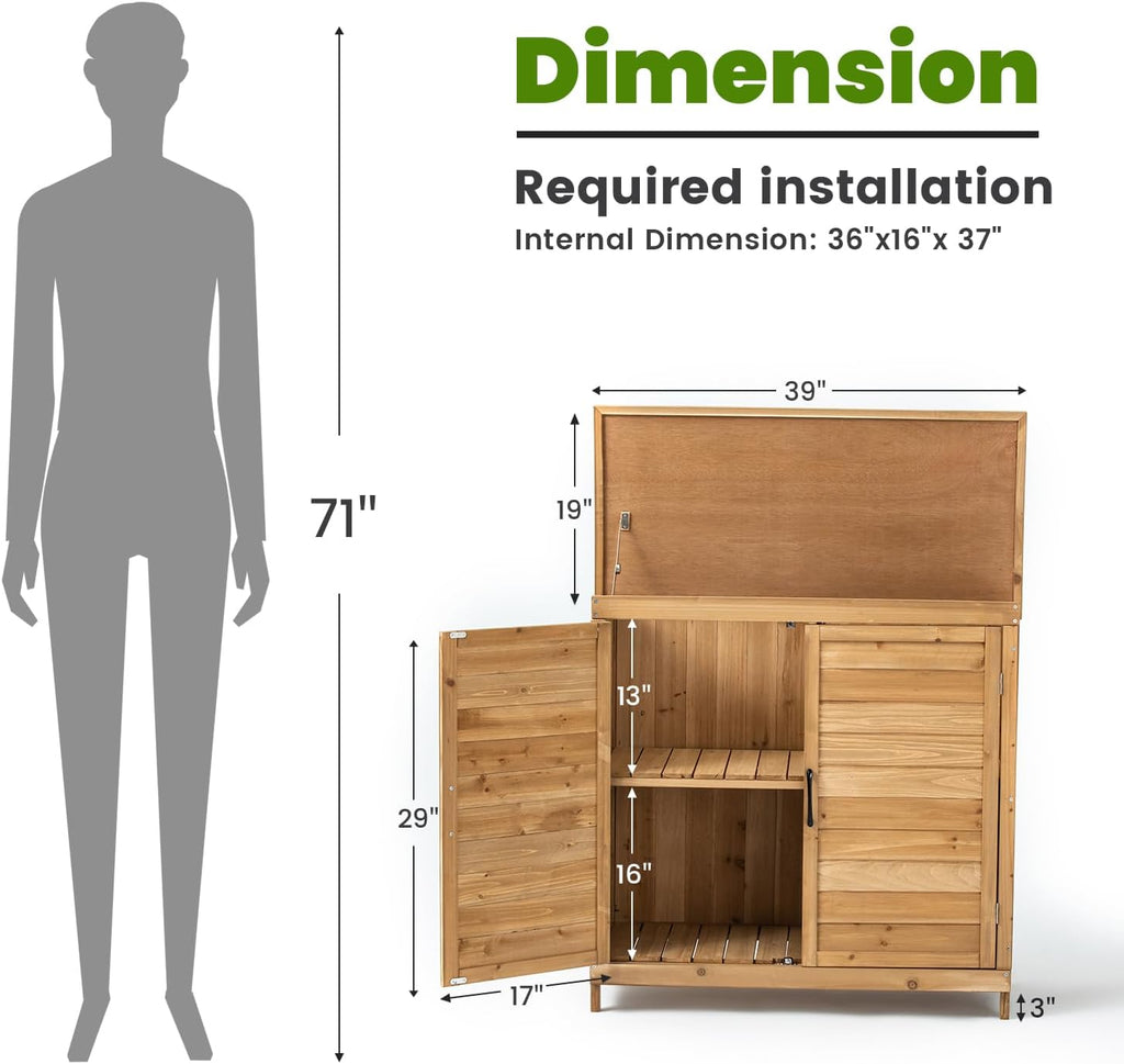 TAKUKA Outdoor Storage Cabinet with 2 Shelves, Wooden Garden Shed with Double Doors& Waterproof Roof，Outside Utility Tool Organizer for Garden Farm Backyard