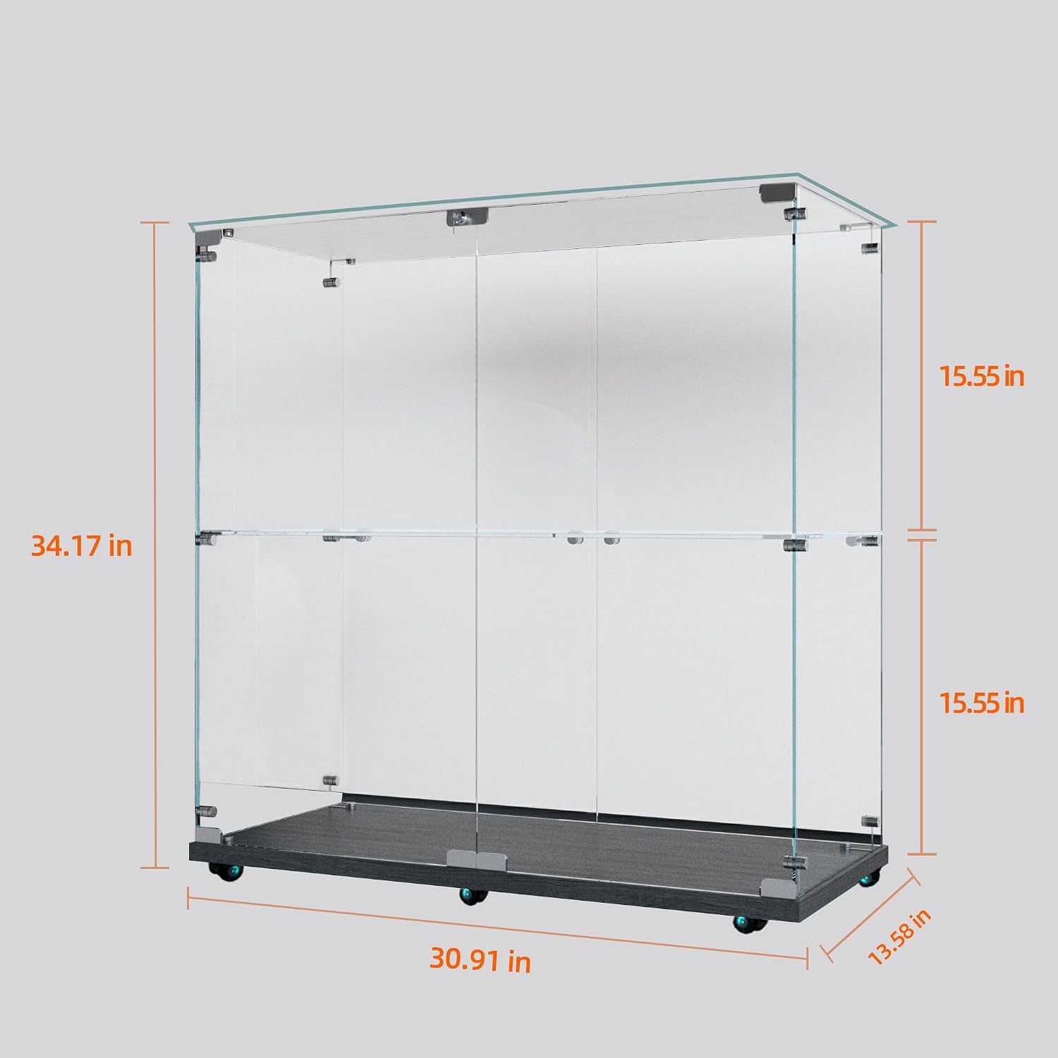 34.17' Tall Tempered Glass Display Cabinet with LED Lights&Rolling Wheels, Curio Cabinet with 2 Shelves with 2 Door, Quick-Install Style Floor Standing Bookshelf File Cabinet for Living Room Office