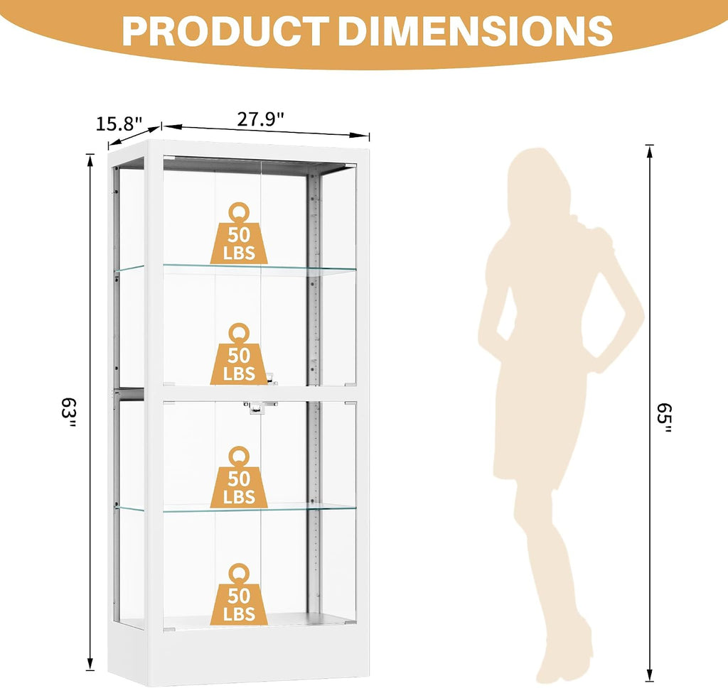 4-Sided Glass Display Cabinet with Lock & 13 Color Light, Lighted Curio Cabinet with Glass Door & Adjustable Shelves, Metal Display Case for Collectibles Figures Wine China, 28' W White