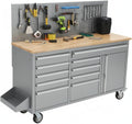 PeakPursuit 61' Rolling Tool Chest with 10 Drawers, Workbench Cabinet with Power Strip, Solid Rubber Wood Top, Pegboard, 1675 LBS Load, Mobile Heavy Duty Garage Storage, Locking Wheels, Silver