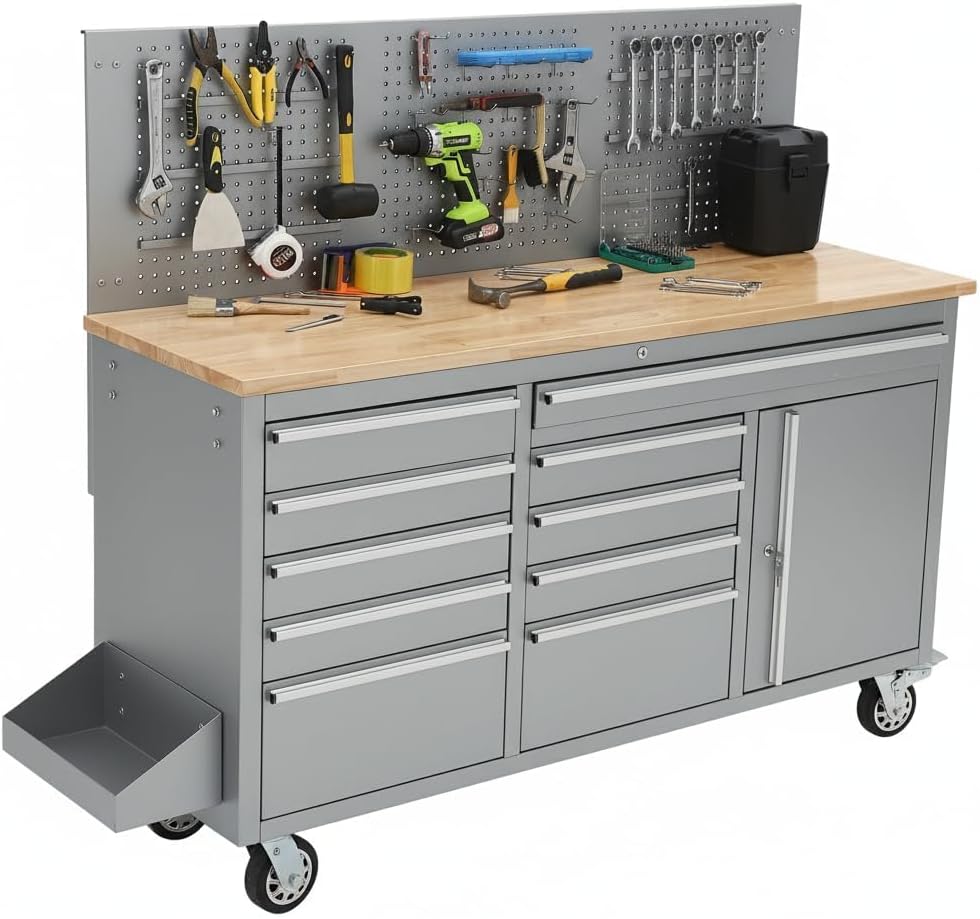 PeakPursuit 61' Rolling Tool Chest with 10 Drawers, Workbench Cabinet with Power Strip, Solid Rubber Wood Top, Pegboard, 1675 LBS Load, Mobile Heavy Duty Garage Storage, Locking Wheels, Silver