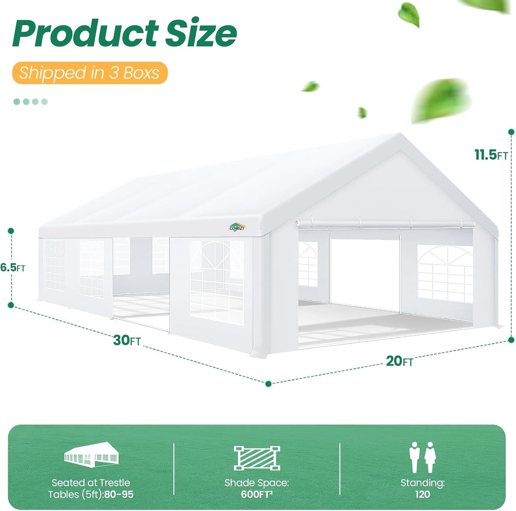COBIZI 20x30 Party Tent Heavy Duty, Large Outdoor Wedding Tents for Parties with 8 Sidewalls & Built-in Sandbags,Waterproof Event Canopy Gazebo Commercial Tent for Carport,Camping,Patio,Windproof