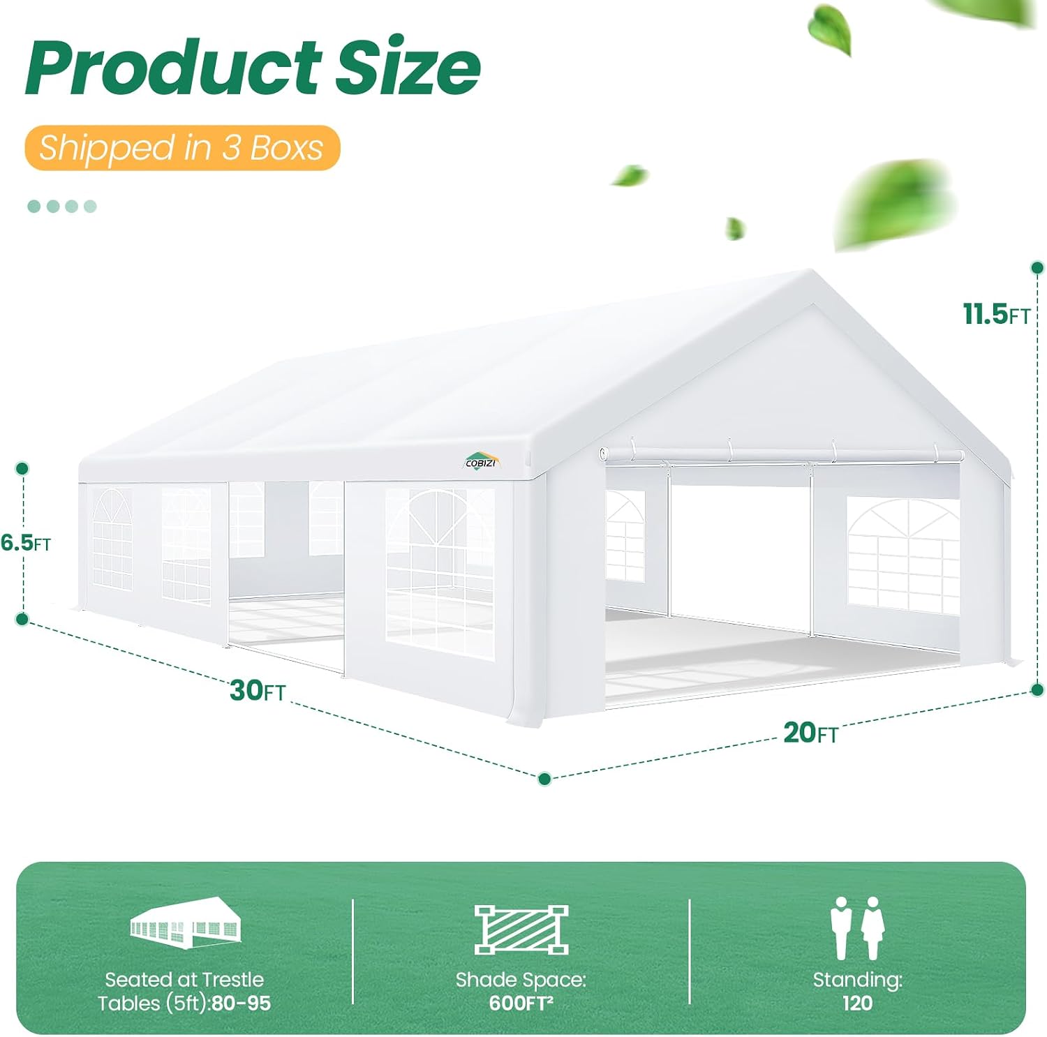 COBIZI 20x30 Party Tent Heavy Duty, Large Outdoor Wedding Tents for Parties with 8 Sidewalls & Built-in Sandbags,Waterproof Event Canopy Gazebo Commercial Tent for Carport,Camping,Patio,Windproof