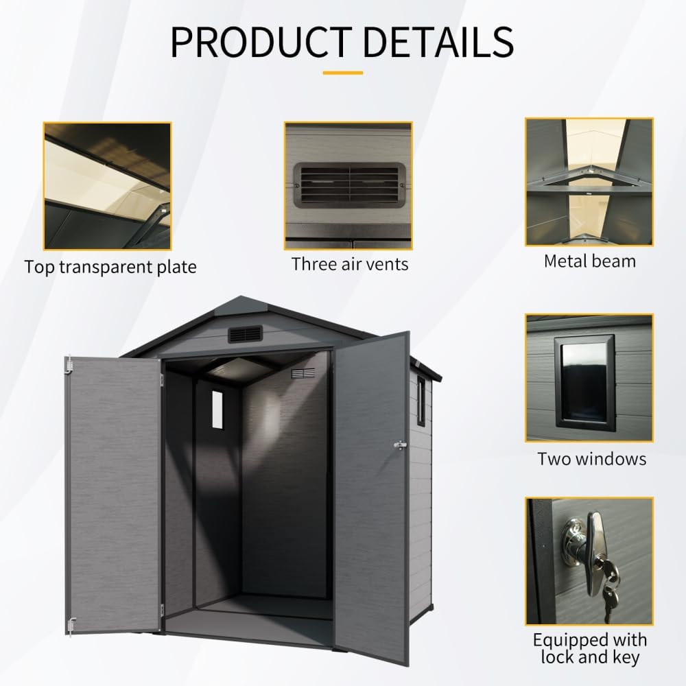 6x6 FT Outdoor Storage Shed with Floor & Window, Lockable Resin Tool Shed, Heavy-Duty Plastic Garden Shed for Backyard, Dark Gray