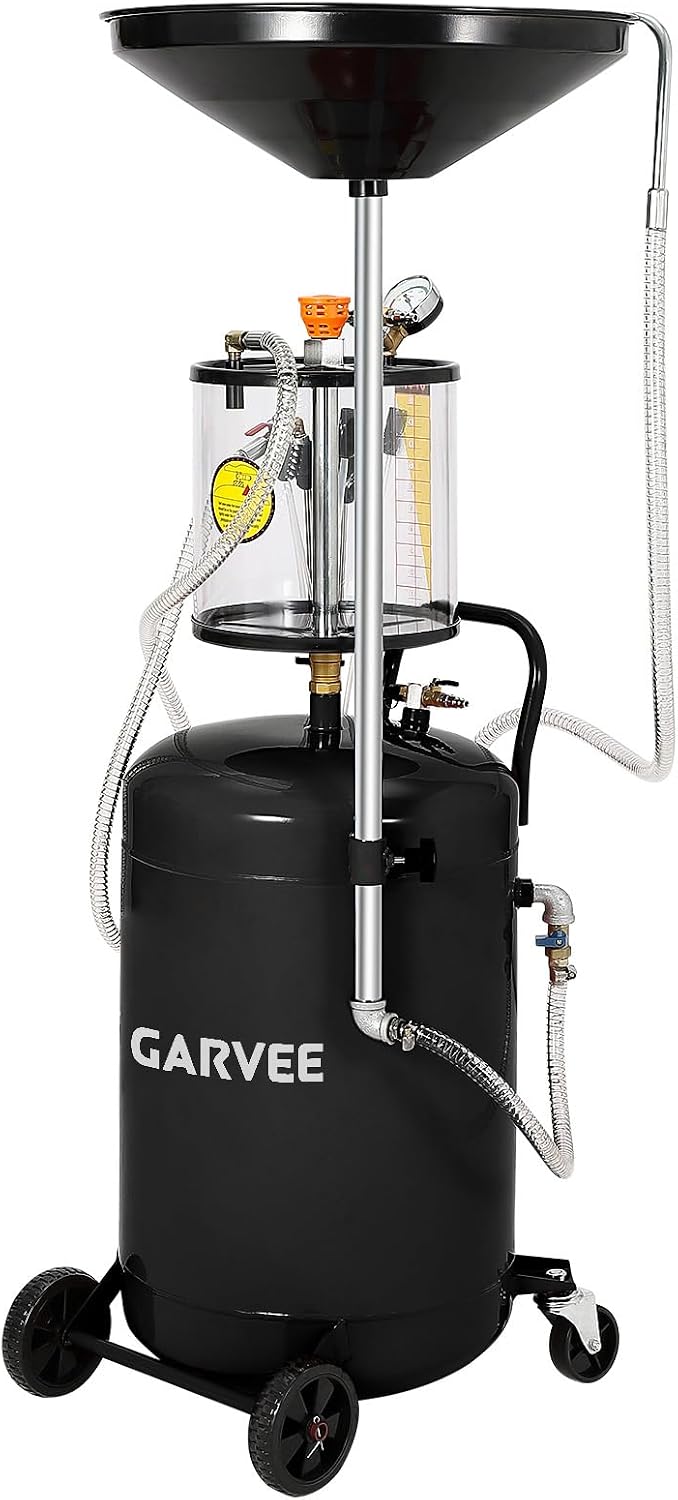 Garvee 20 Gallon Waste Oil Drain Tank, Air Operated Portable Oil Drainer with Adjustable Funnel, Fluid Fuel Transfer Drainage with Wheels, Oil Change Container for Automotive Workshops