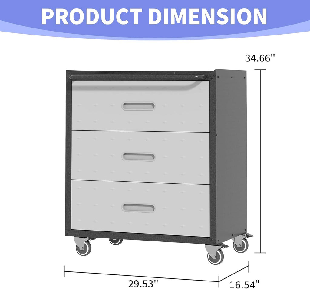 Metal Garage Storage Cabinet with Wheels, Rolling Tool Cabinet with 3 Drawers, Heavy Duty Mobile Steel Cabinet for Garage Warehouse Workshop, Assembly Required