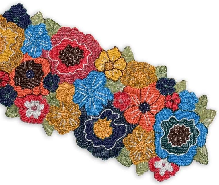 HM Creations Multicolor Floral Table Runner, Handmade Table Runner, Beaded Table Topper 13X36 Inch Dinning Decoration. (Set of 1 Table Runner and 6 Place Mats)