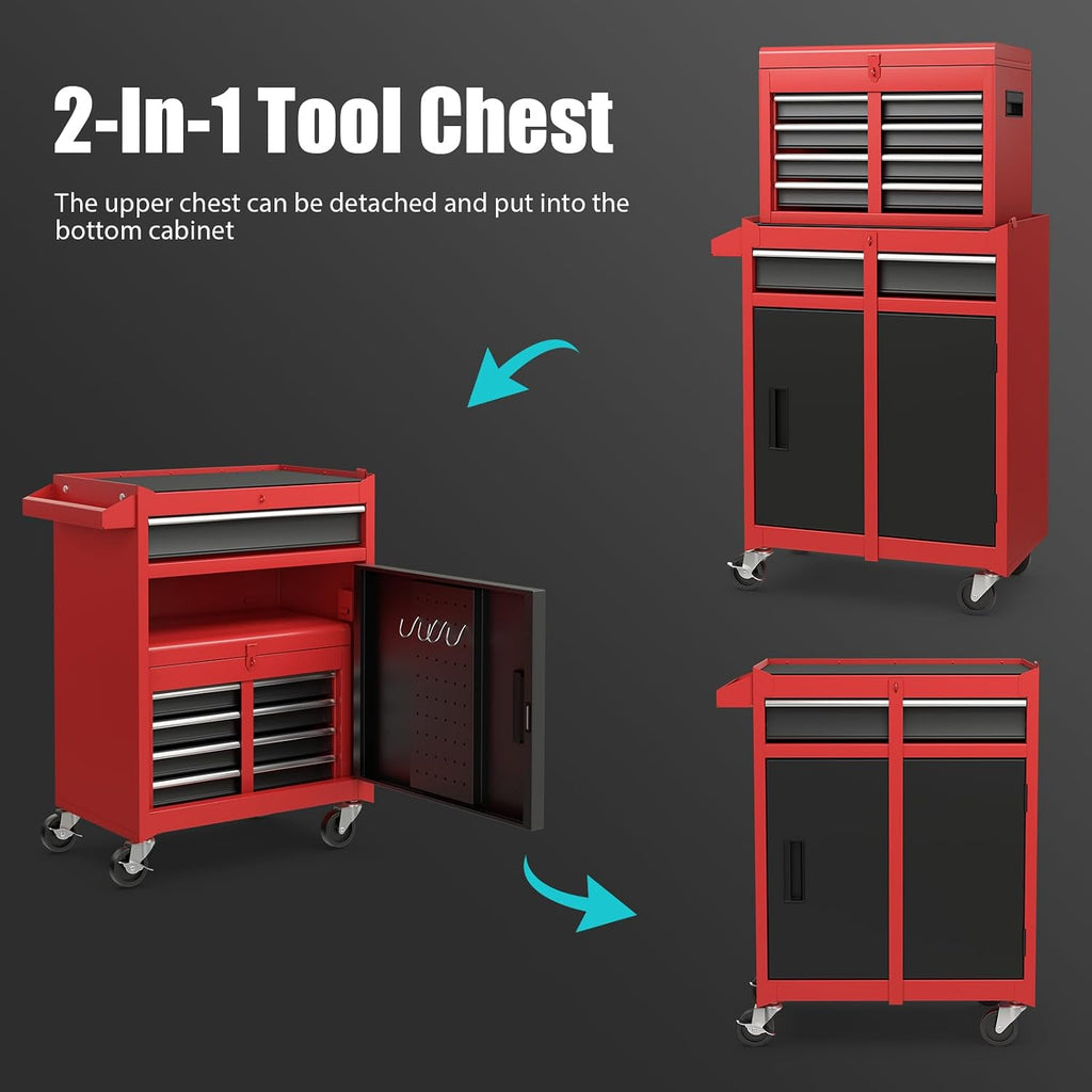 Rolling Tool Chest, 5-Drawer Tool Storage Cabinet with Wheels, Adjustable Shelf & Anti-Slip Liner, Tool Box Organizer for Garage, Warehouse & Workshop (Red+Black)