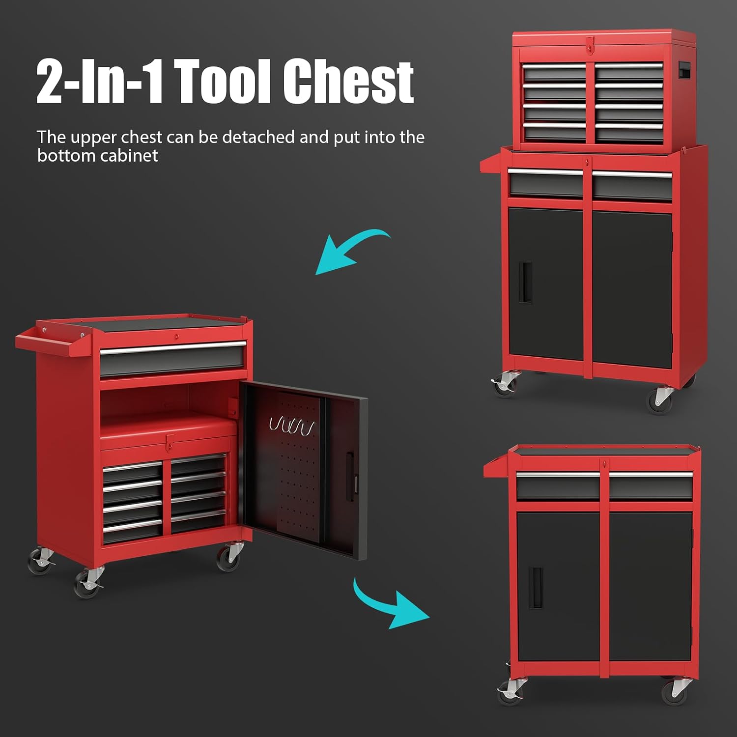 Rolling Tool Chest, 5-Drawer Tool Storage Cabinet with Wheels, Adjustable Shelf & Anti-Slip Liner, Tool Box Organizer for Garage, Warehouse & Workshop (Red+Black)