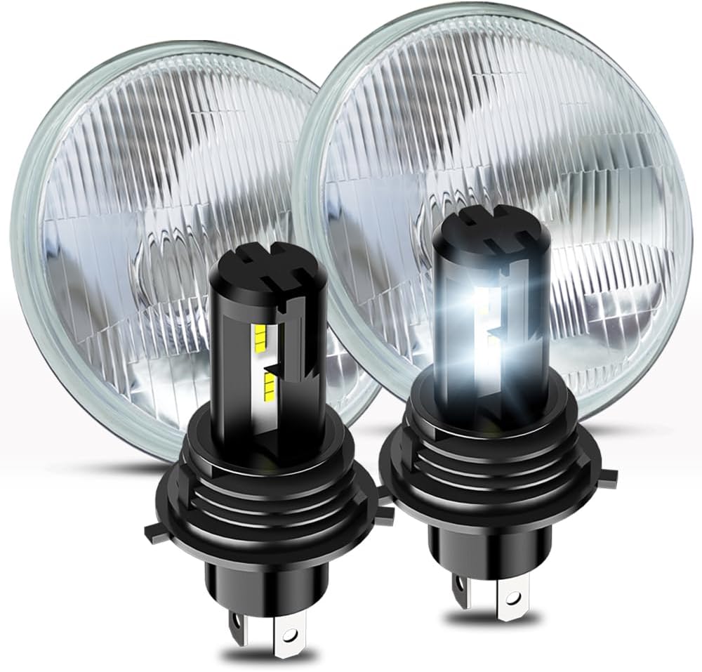 gigididi LED Light Bulbs,7 Inch led Glass Headlight Round Lens Housing+H4/9003 High&Low Beam Bulbs, 6000K Clear Lens 7 Inch H6024 Round Headlight Sealed,4PCS