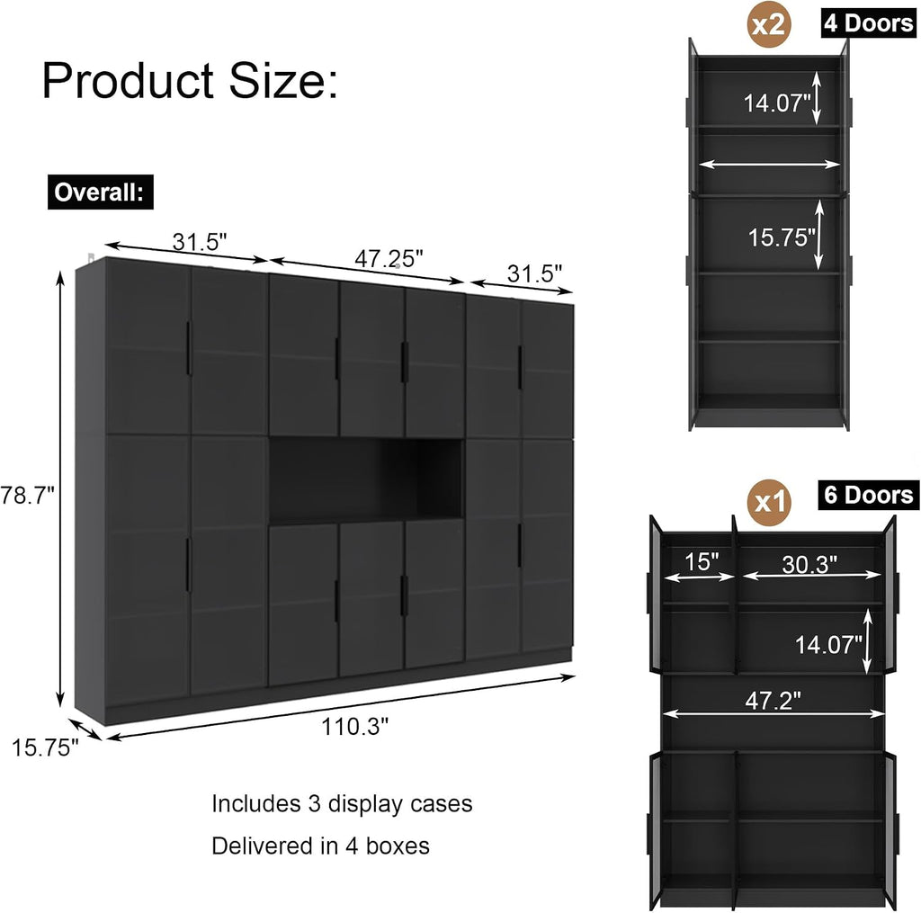 Mekminop Bookcase with Glass Doors and RGB Led Lights, Combination Display Cabinet with 19 Shelves, Modern Glass Display Case Set of 3, Black