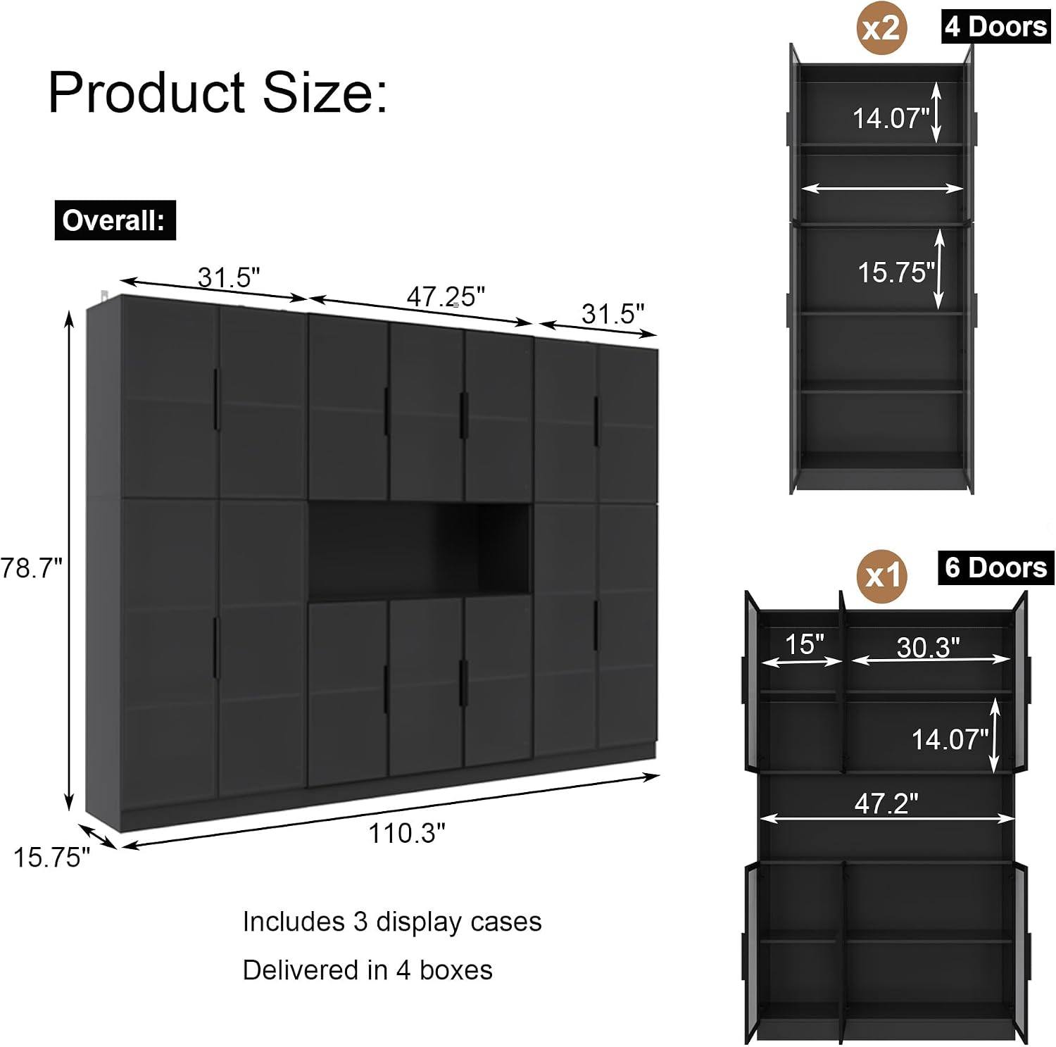Mekminop Bookcase with Glass Doors and RGB Led Lights, Combination Display Cabinet with 19 Shelves, Modern Glass Display Case Set of 3, Black
