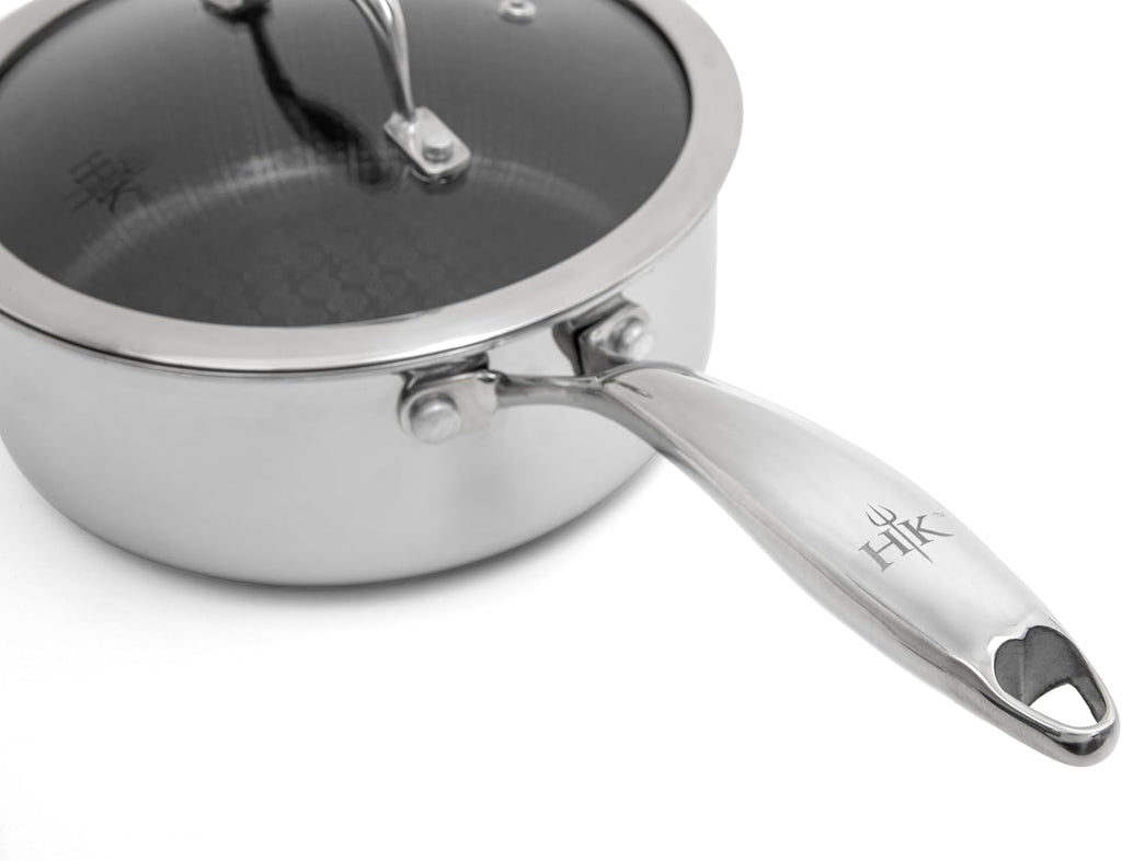 Hell's Kitchen Hybrid 2.5 Qt Saucepan with Lid, Tri-Clad Stainless Steel, PFAS-Free Ceramic Nonstick, no PFOA, PTFE, Teflon, Non Toxic Cookware, Metal Utensil Resistant, All Cooktops and Oven Safe