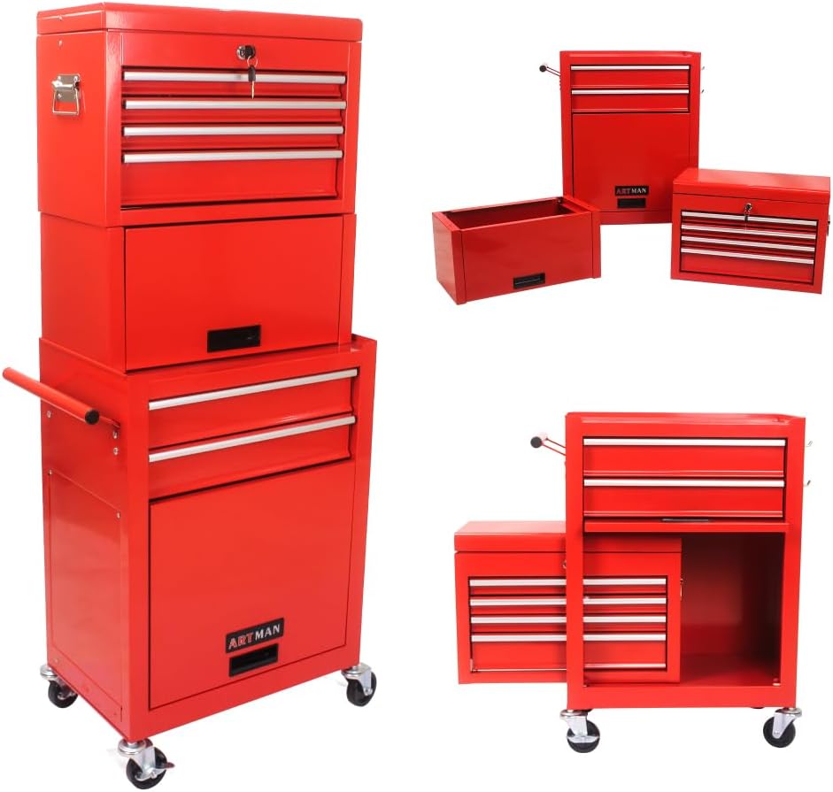 Tool Cabinet on Wheels, 6-Drawer Lockable Rolling Tool Chest w/ 4 Universal Wheels, 2 in 1 Detachable Tool Box Storage Organizer for Garage Workshop Repair Shop,RED