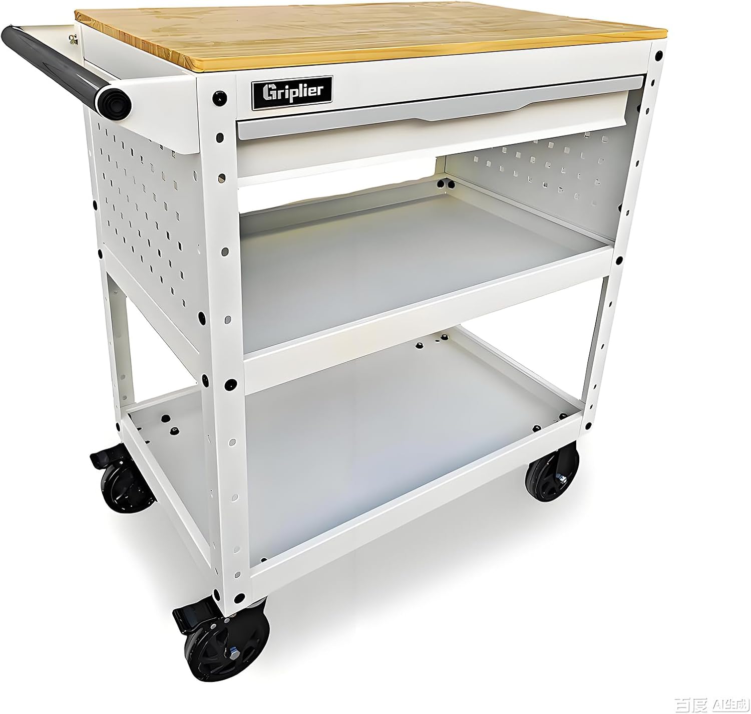 Rolling Tool Cart, 3-Tier Workshop Storage, Black Metal Frame with Wooden Top Workbench, Heavy-Duty Wheels,330LB Load Capacity Organizer Cabinet for Garage, Warehouse, Repair Shop(White)