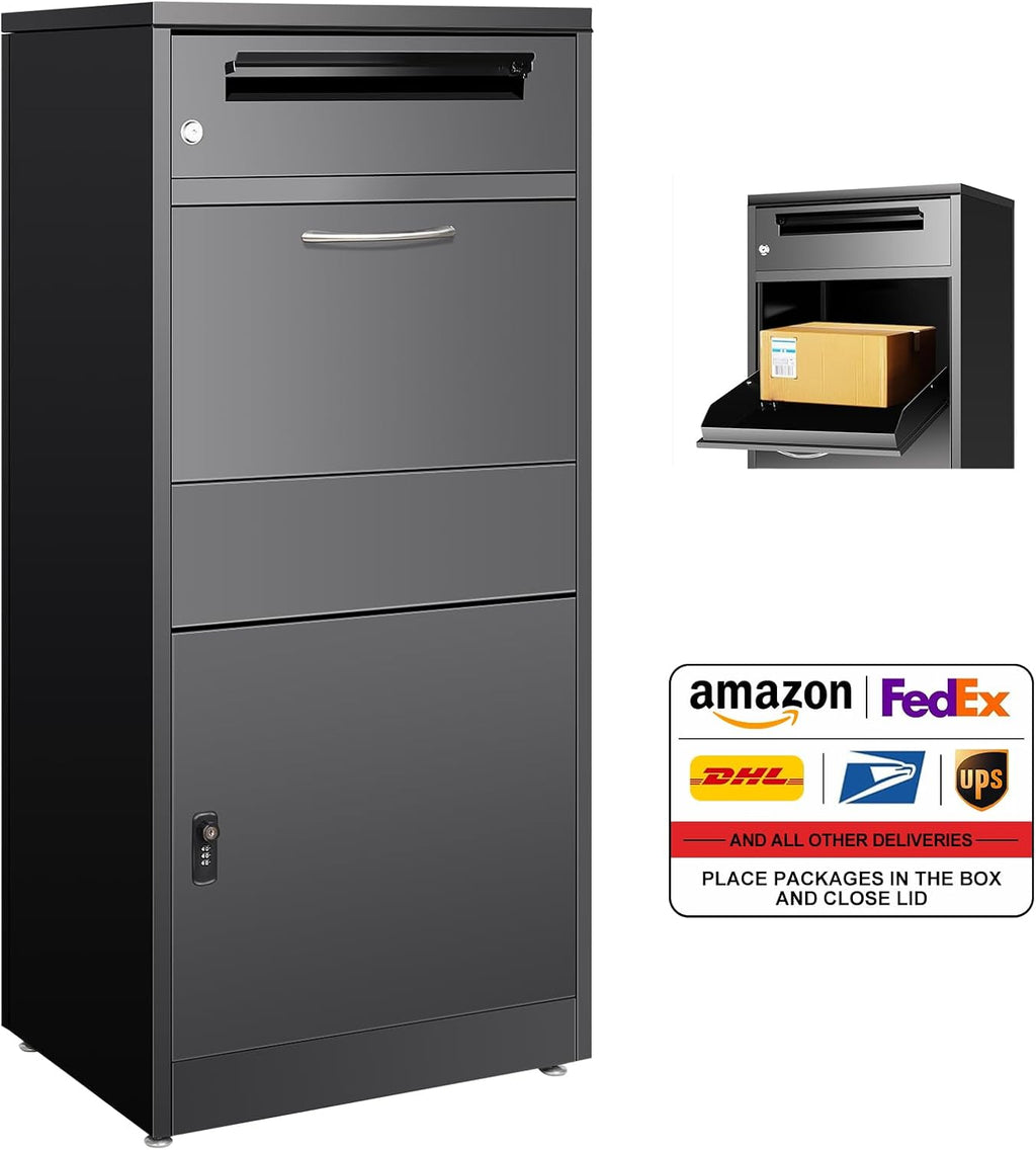 44.9Inch Express Package Delivery Box for Outside, Ultra Large Parcel Drop Boxes with Lock Made of Automotive Steel, Waterproof Anti-Theft Parcel Drop Box with Secure Storage for Home Business, Black