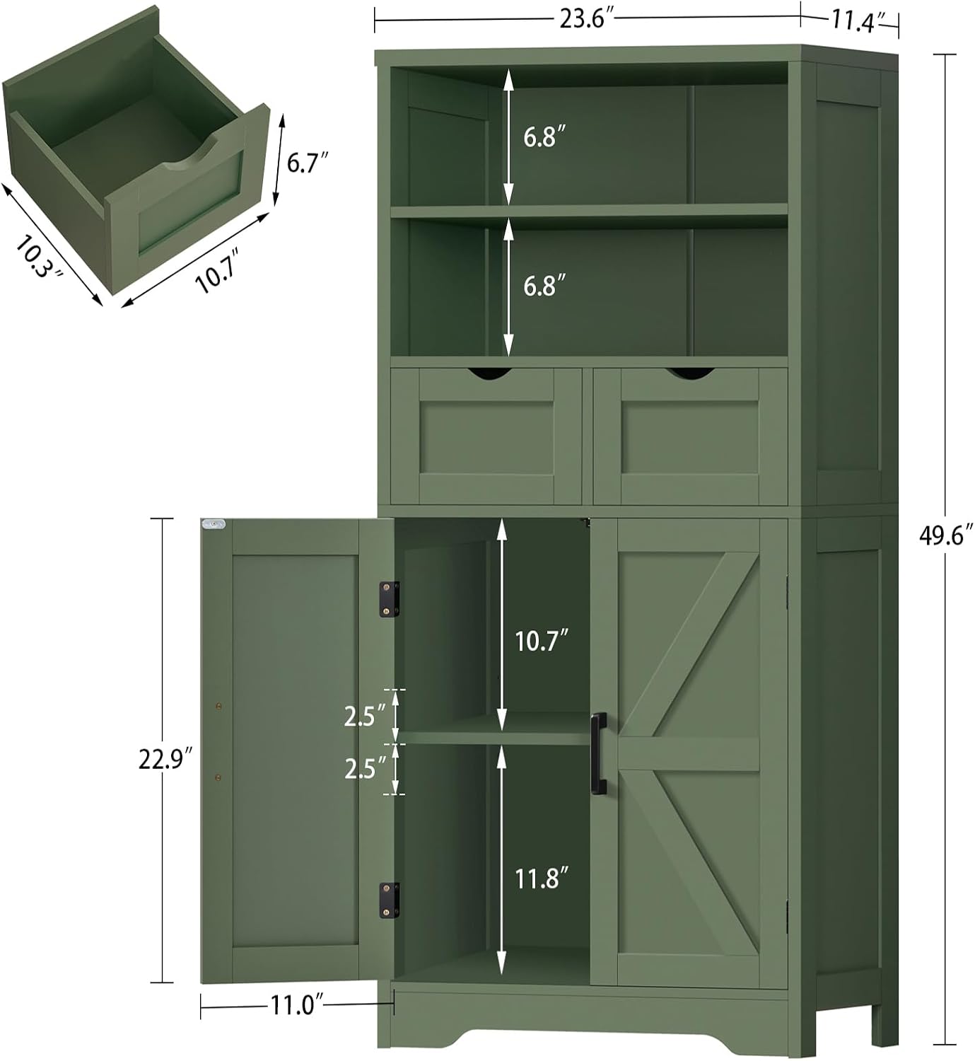 TEENFON Bathroom Cabinet with Adjustable Shelf & 2 Drawers, Farmhouse Storage Cabinet with 2 Doors, Kitchen Storage Cabinets for Living Room, Entryway, Home Office, Forest Green