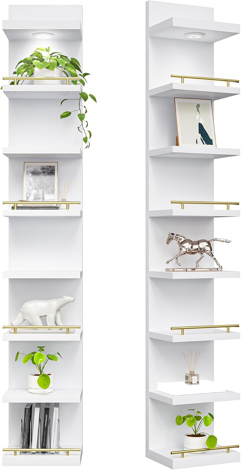 DurayLoly 2 Pack 8 Tier Wall Shelf Unit, White Floating Shelves, Display Shelf with LED Light, Floating Shelf for Living Room, Bedroom or Vanity Storage