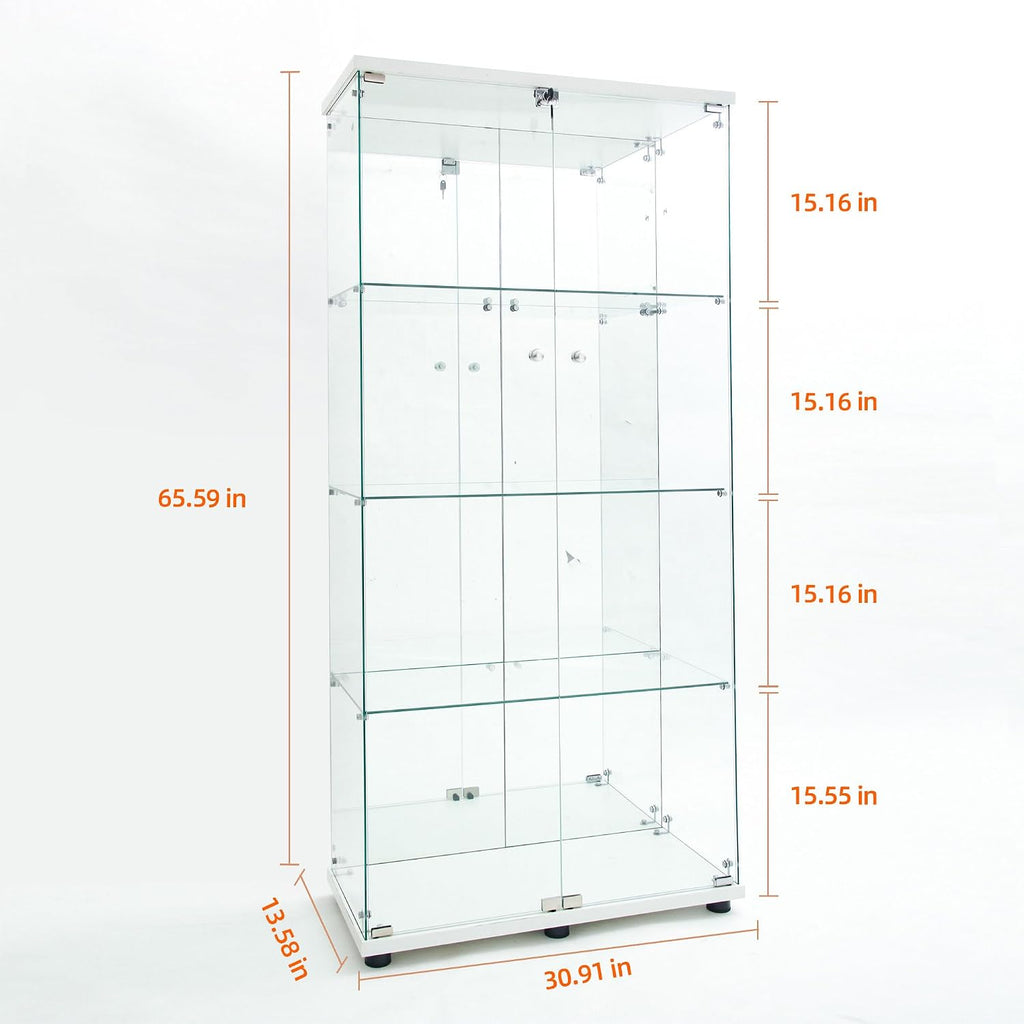 Modern Glass Display Cabinet 4-Shelf with LED Light,Mirror and Lock, 2 Door Curio Cabinets,Tempered Glass Collection Display Showcase for Living Room Home Office,30.9x13.5x64.6 H,White
