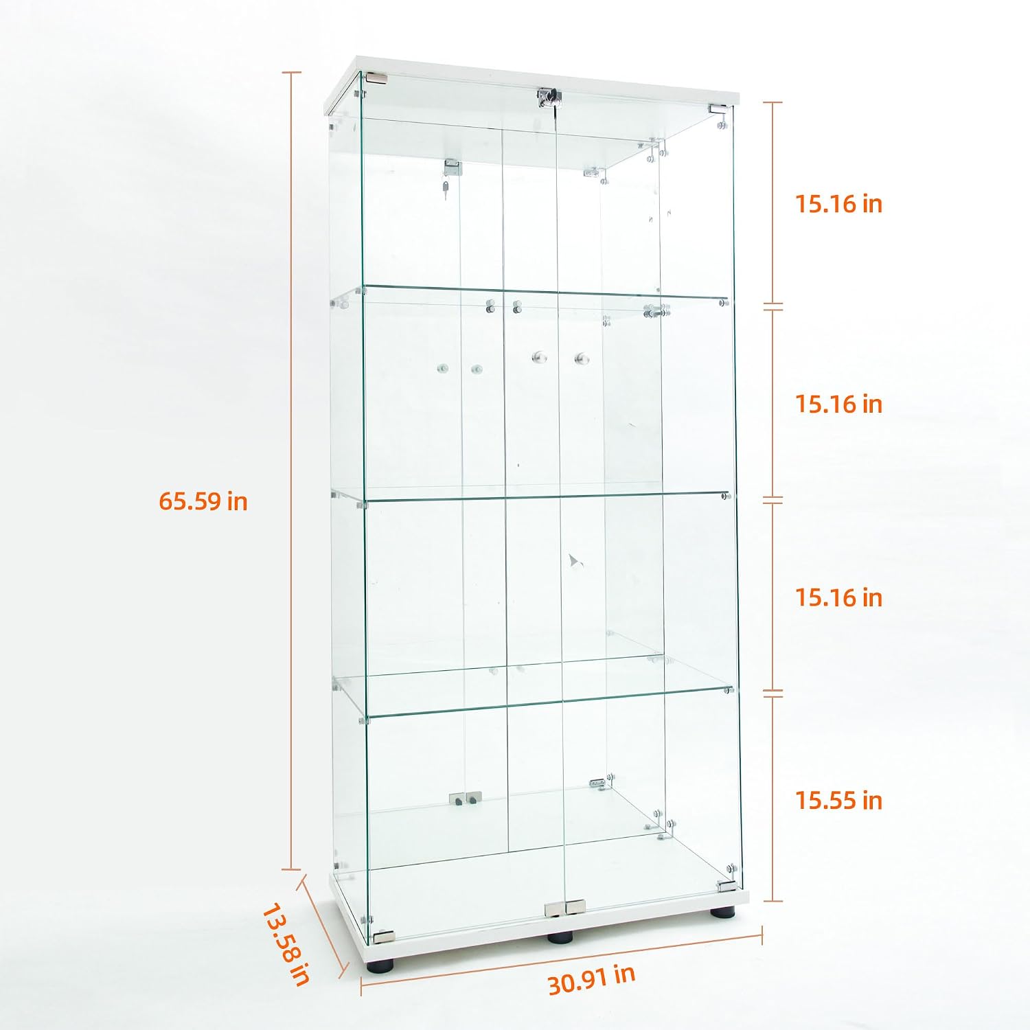 Modern Glass Display Cabinet 4-Shelf with LED Light,Mirror and Lock, 2 Door Curio Cabinets,Tempered Glass Collection Display Showcase for Living Room Home Office,30.9x13.5x64.6 H,White