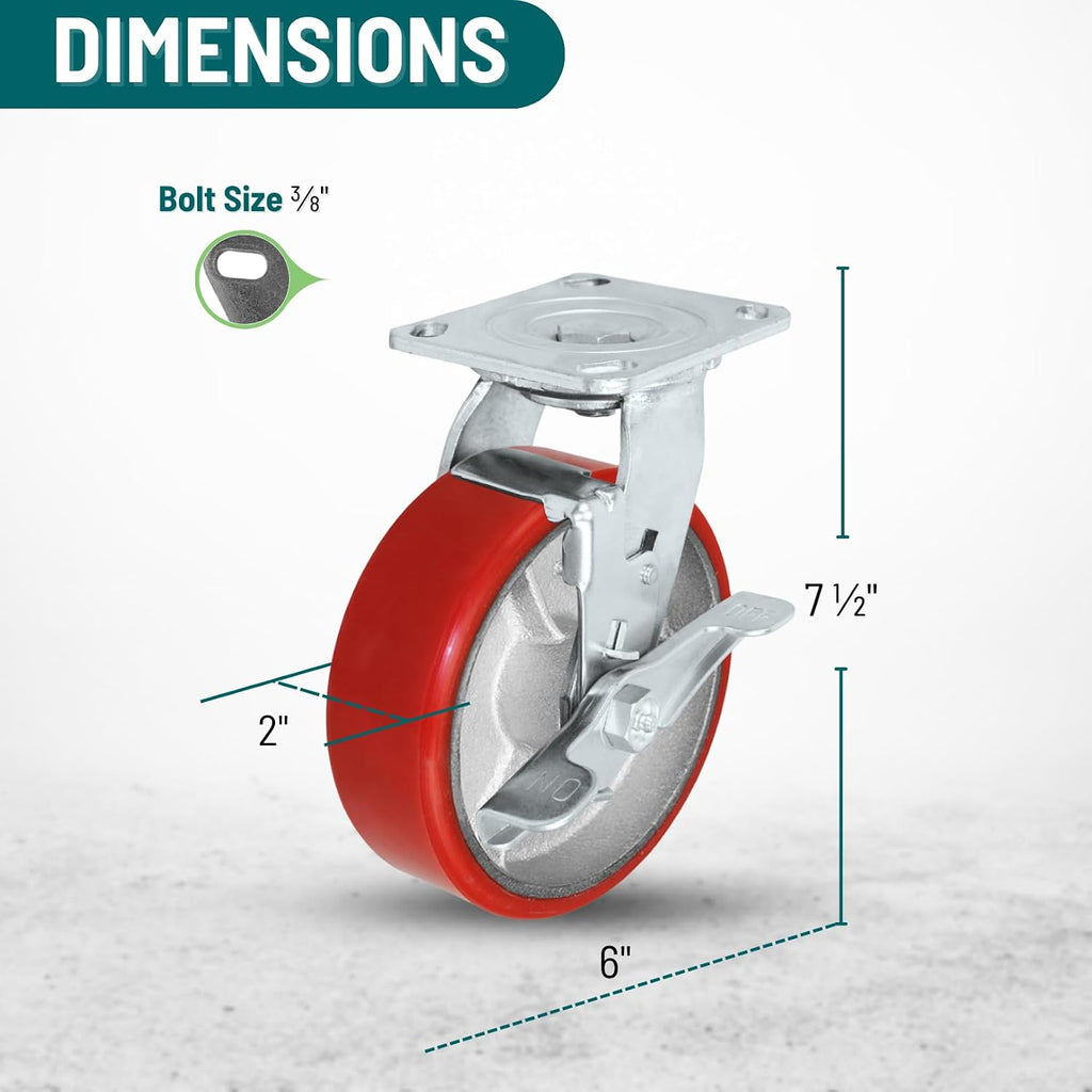 6' X 2' Swivel Caster Heavy Duty Red Polyurethane Wheel on Steel Hub with Brakes (2) and Fixed (2) 4,800lbs Per Set of 4 Tool Box Casters - CasterHQ Brand (6')