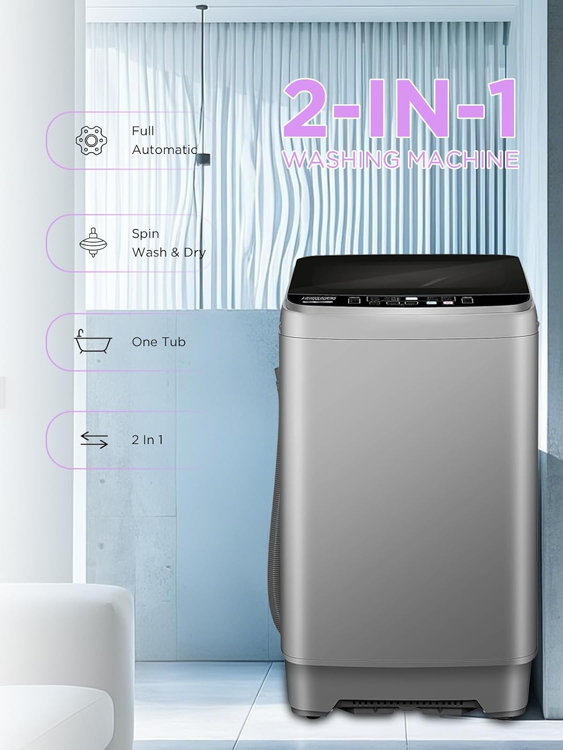 F.W.WOOLWORTHS 25 Lbs Full Automatic Washing Machine with Drain Pump, 10 Wash Programs 8 Water Levels, 9 KG Washer with LED Display for Dorm, Apartment, Home, Grey