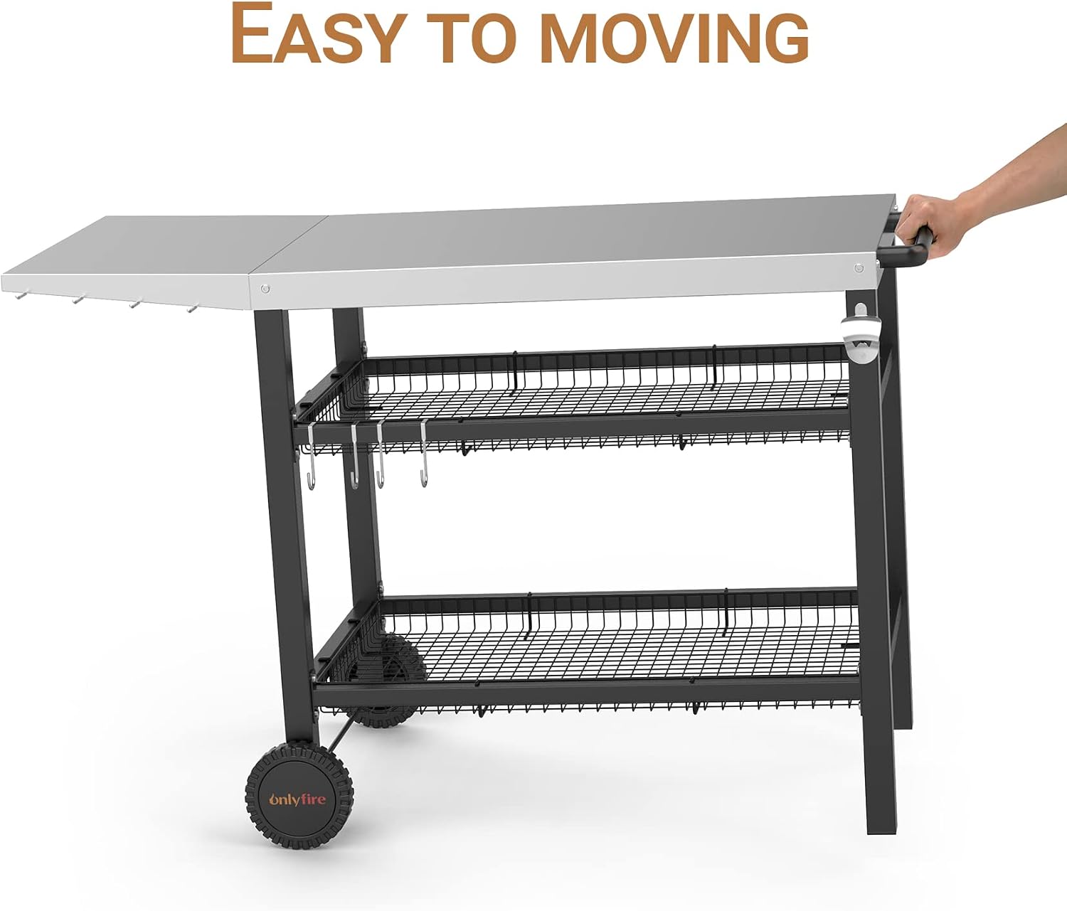 onlyfire Pizza Oven Table Cart for Ooni, Ninja Woodfire, Blackstone Griddle, Cuisinart Pizza Oven, Outdoor Stainless Steel Food Prep Table Movable Food Prep Cart Grill Stand with Storage Basket