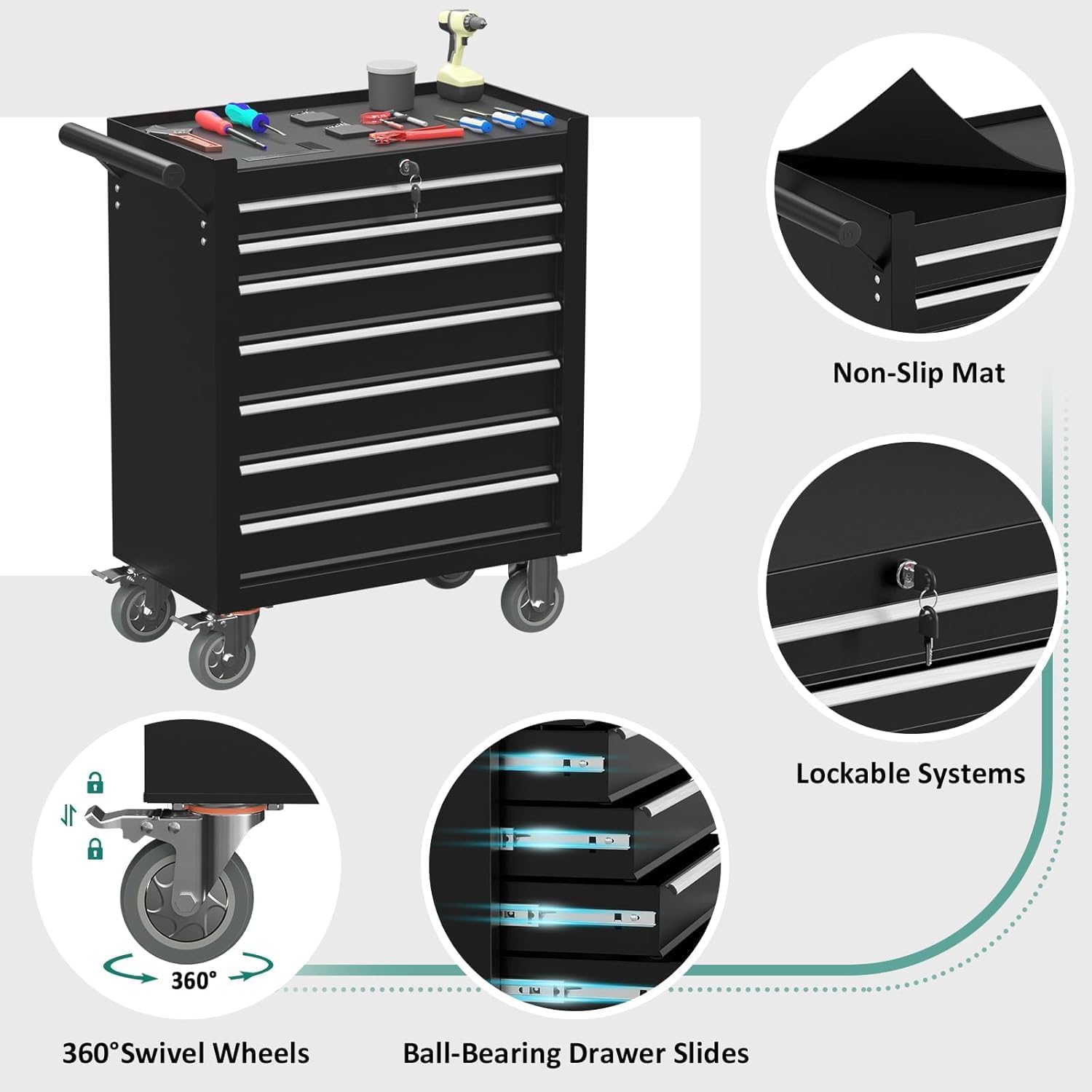 7-Drawer Rolling Tool Chest with Wheels, Tool Box with Locking System and Sliding Drawers, Heavy Duty Organizer for Warehouse, Workshop Garage Black