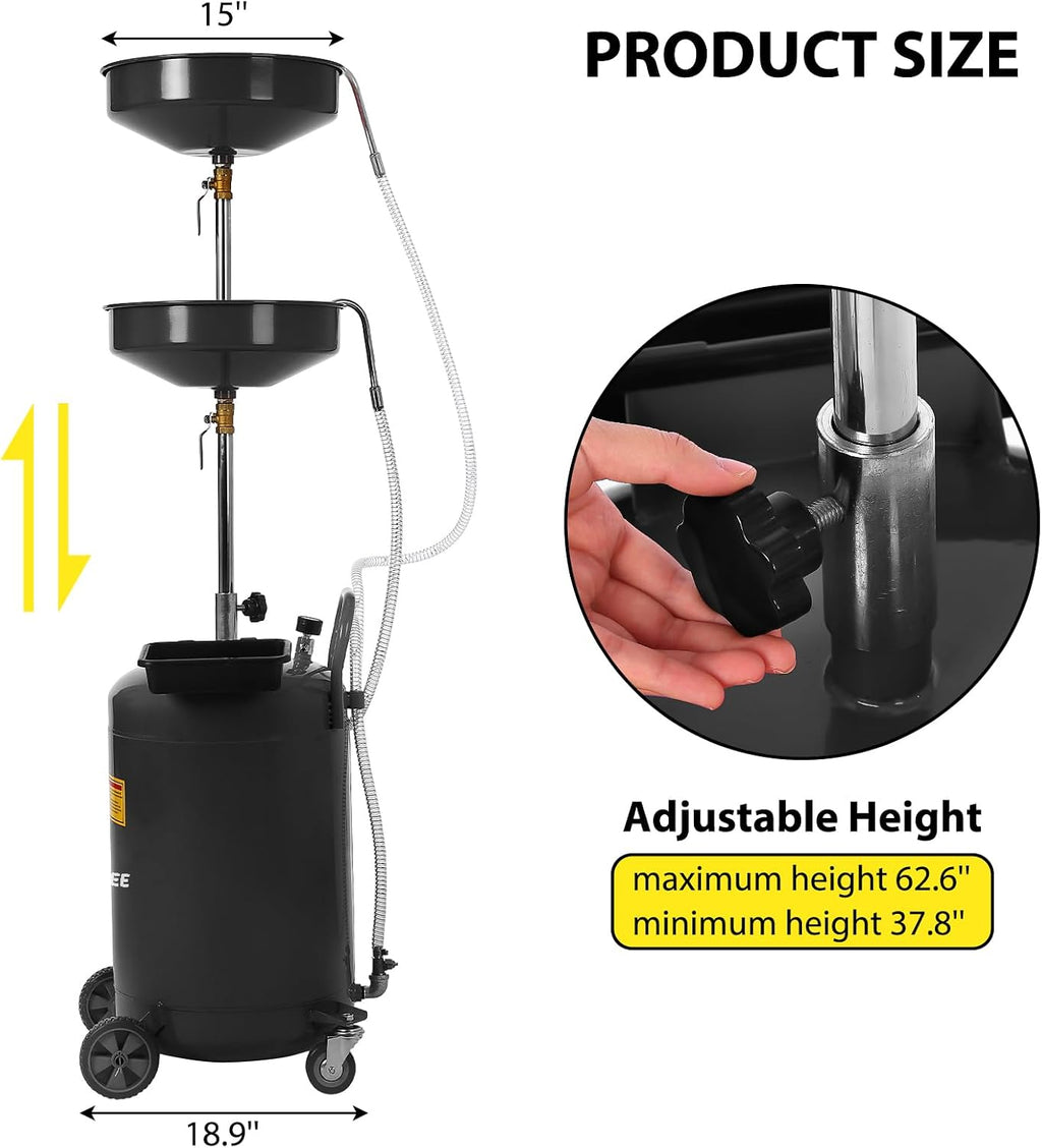 Garvee 20 Gallon Waste Oil Drain Tank, Portable Oil Drain Container, Air Operated Drainer, Fluid Fuel Transfer Drainage, Adjustable Funnel Height with Wheel &15'' Premium Bowl and a Toolbox