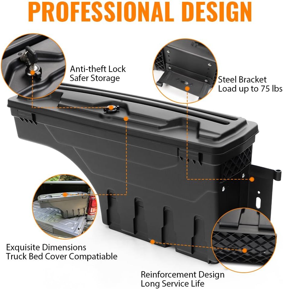 G-PLUS Truck Bed Storage Tool Box Right Passenger Side Compatible with Chevy Silverado/GMC Sierra 1500 2500 3500 1999 2000 2001 2002 2003 2004 2005 2006 2007 Black