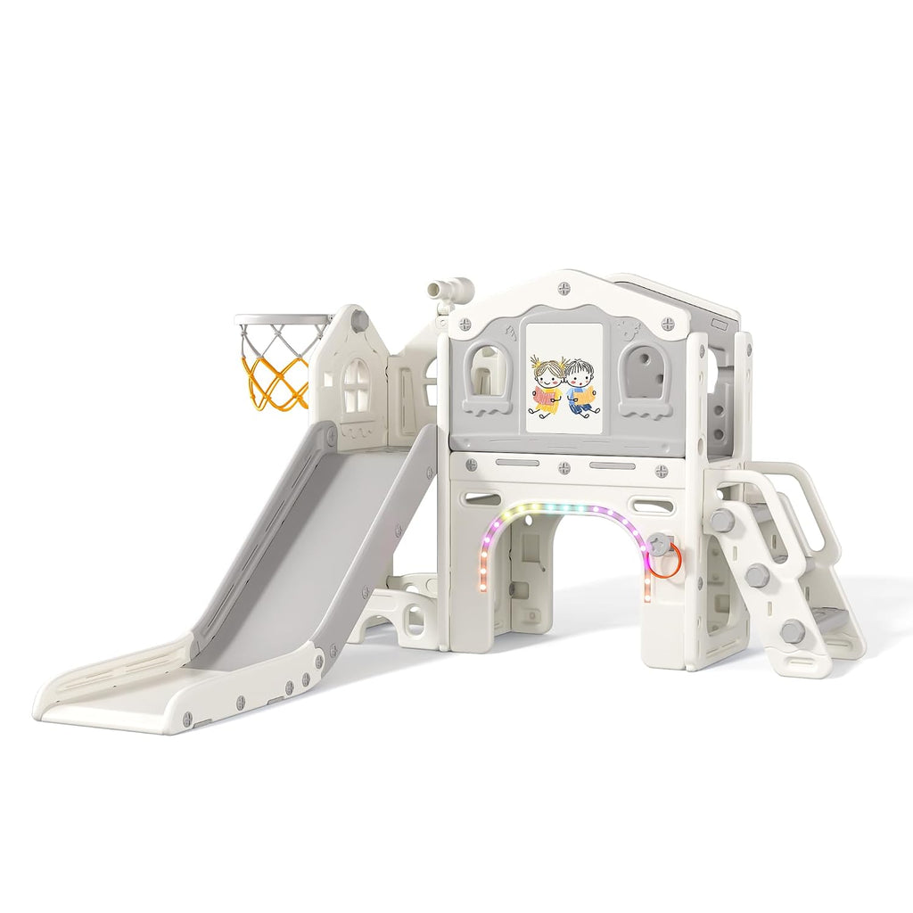 BIERUM 9 in 1 Toddler Slide Set - Baby Slide for Toddlers 1-3 with Colorful Lights, Drawing Board and Building Blocks Board, Indoor Outdoor Toddler Playset Playground, White Gray
