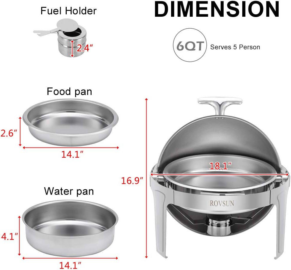 ROVSUN 2-Pack Roll Top Chafing Dish Buffet Set,6 Quart Full Size Pan Chafer, NSF Stainless Steel Round Set with Food Pan, Water Pan and Fuel Holders, for Wedding, Parties, Banquet, Catering Events
