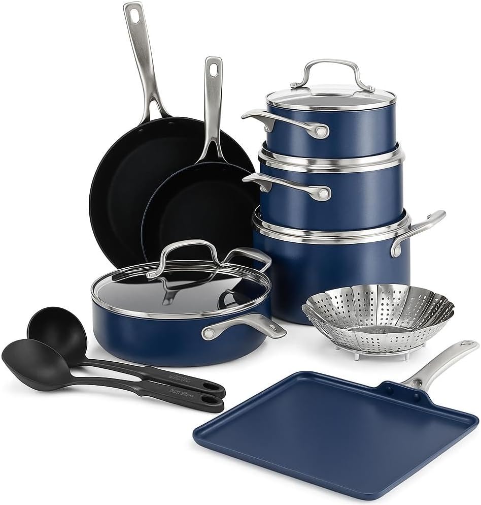 Blue Diamond 14 Piece Nonstick Cookware Set & 11' Griddle Pan, Diamond Ceramic Pots & Pans, Dishwasher & Metal Utensil Safe, Non Toxic PFAS-Free, Kitchen Cooking Sauce & Saute Pans, Oven 600F, Blue
