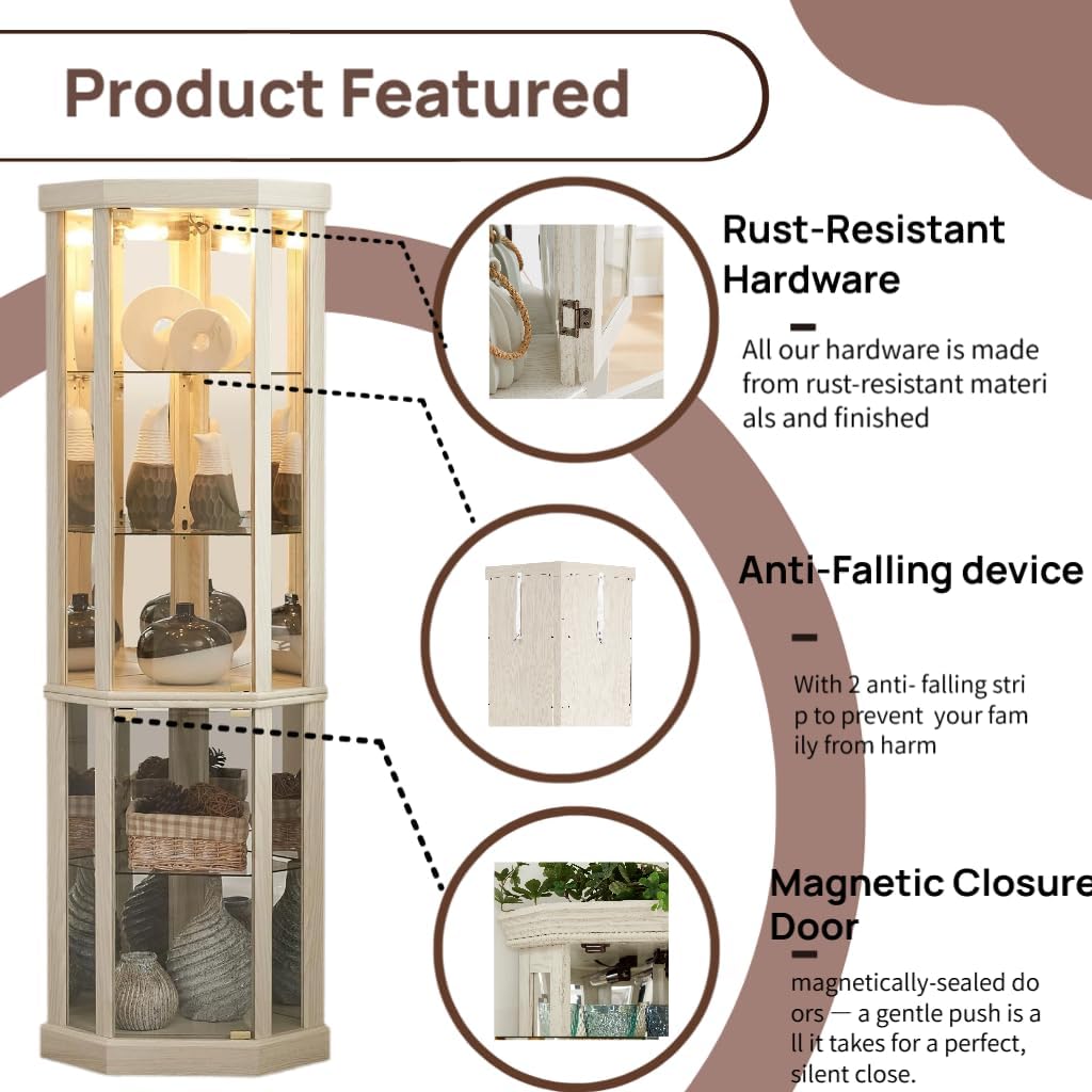 70' Lighted Corner Curio Cabinet,Inside Mirror Corner Glass Display Case with Tempered Glass Door for Living Room, Antique Collectibles, Wine & Bar Glass Storage, Lights Included