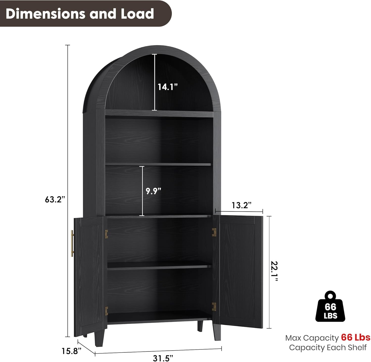 IDEALHOUSE Arched Kitchen Pantry Cabinet with Doors - 5-Tier Open Display Shelf with Rattan Decor, Farmhouse Storage Cabinet for Kitchen, Dining Room, Living Room, Black