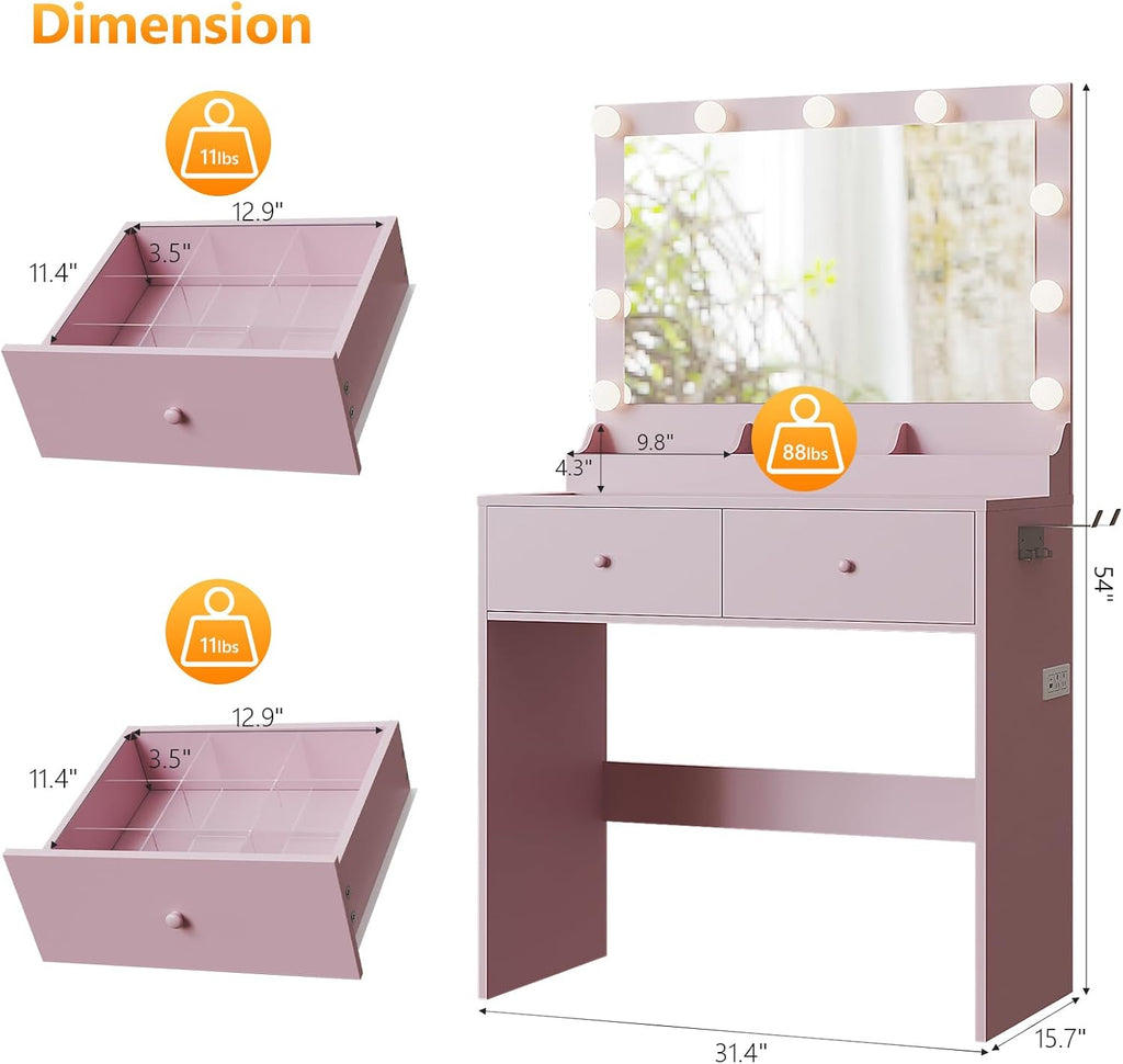 VINGLI Vanity Desk with Mirror and Adjustable Lights, Glass Top Makeup Vanity Table Built-in Power Outlets & Hairdryer Holder, Small Pink Dressing Table w/Hollywood Bulbs, Gifts for Girls, 31.5in
