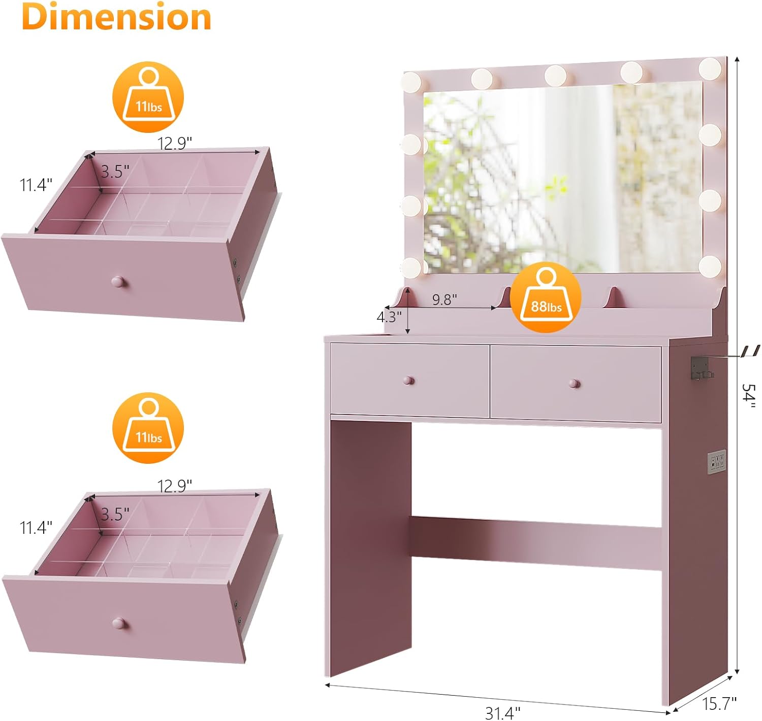 VINGLI Vanity Desk with Mirror and Adjustable Lights, Glass Top Makeup Vanity Table Built-in Power Outlets & Hairdryer Holder, Small Pink Dressing Table w/Hollywood Bulbs, Gifts for Girls, 31.5in