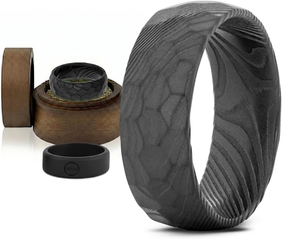 Gentlemen's Bands Men's Premium Black Damascus Steel Wedding Band with Layered Damascus Design | Wedding Ring Is Ideal Gift | Package Includes Silicon Band, Walnut Ring Box, Leather Pouch