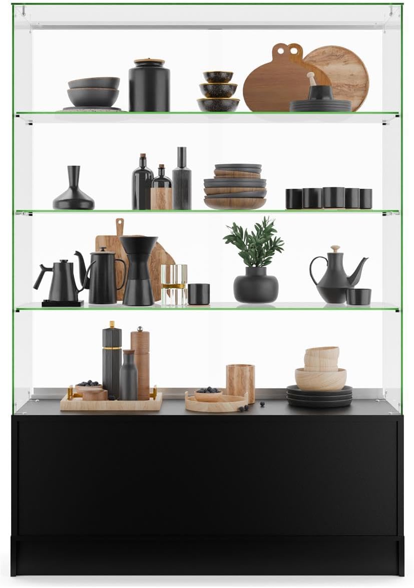 Displays2go 48 Inch Glass Display Cabinet with 3 Glass Shelves, Separate Storage Area in Base, Sliding Doors (Black)