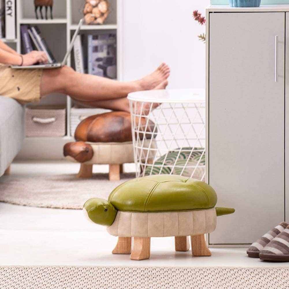 Animal Footstool Turtle Upholstered Ottoman PU Leather Pouf Wood Foot Stool Rest for Living Room Bedroom Sofa Bench Seat Chair, Grass (Small, Brown)