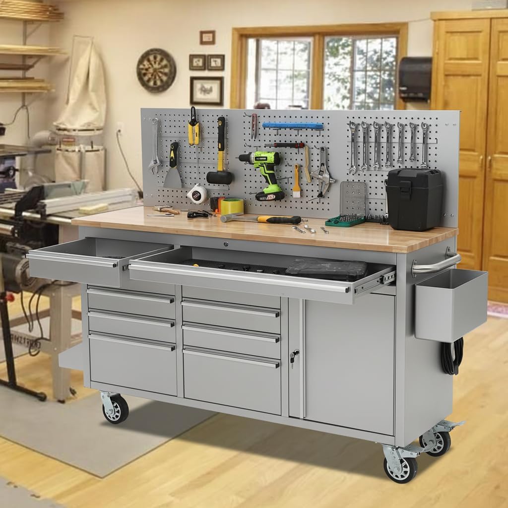 61-Inch Rolling Tool Chest with 10 Drawers & Power Strip, Solid Rubber Wood Top, 1675 LBS Load Heavy Duty Mobile Workstation, Locking System and Drawer Liners for Garage Warehouse Shop, Silver