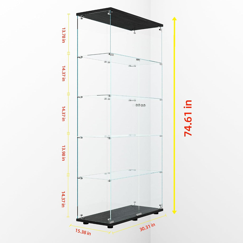 64.69' Tall Tempered Glass Display Cabinet with LED Lights, Curio Cabinet with 5 Shelves with 2 Door, Quick-Install Style Floor Standing Bookshelf File Cabinet for Living Room Office